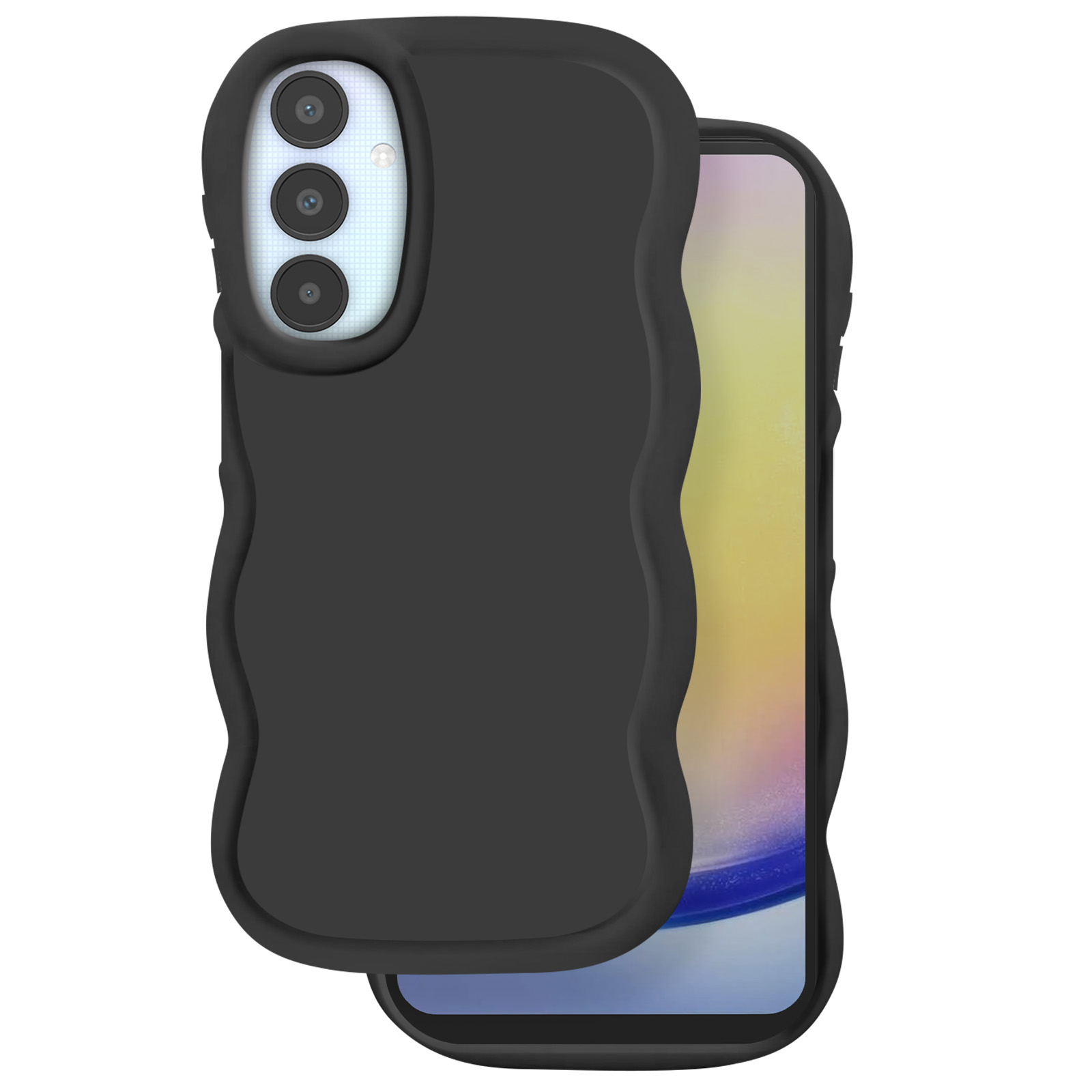 Eine schwarze Handyhülle mit gewelltem Rand bedeckt teilweise ein Handy mit farbigem Bildschirm. Die Hülle hat drei Kameras.