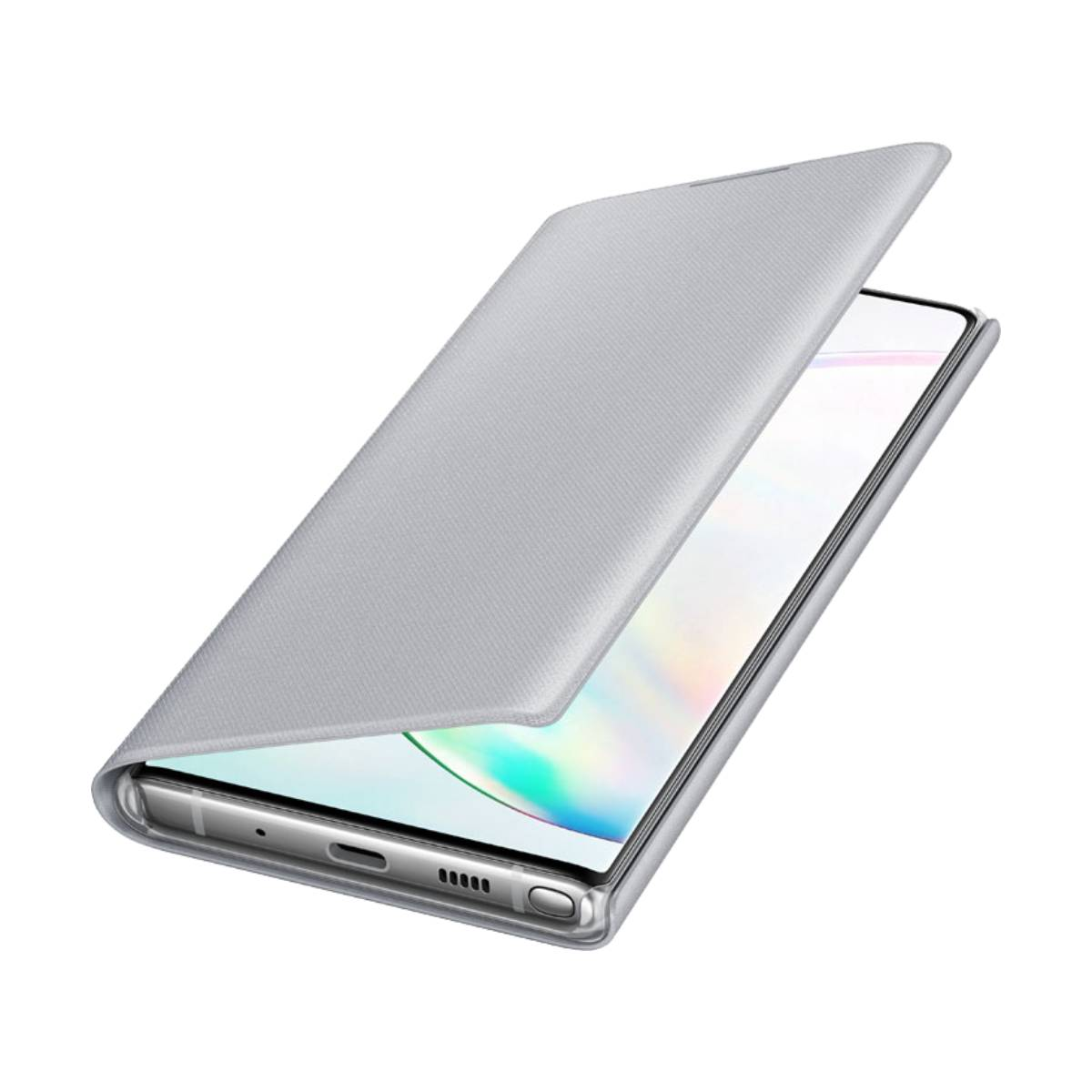 Uno smartphone con custodia a libro grigia. La custodia è parzialmente aperta, rivelando lo schermo. Il telefono è argentato.