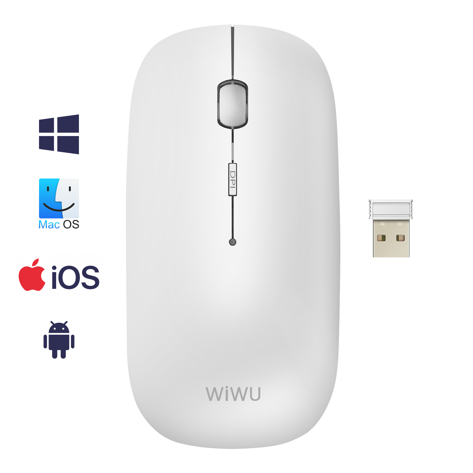 Mouse wireless bianco con pulsante DPI e ricevitore USB. Sono visualizzati anche i loghi di Windows, Mac OS, iOS e Android.