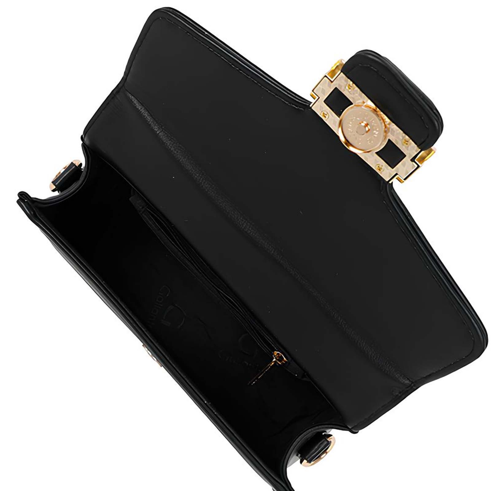 Bolso de mano negro abierto con detalles dorados. Interior visible. Cierre y cremallera dorados. Fondo blanco.