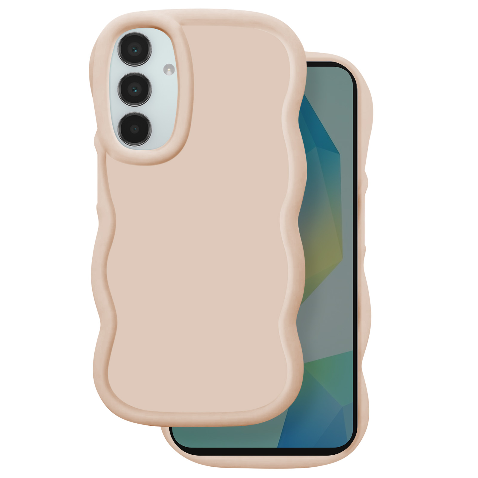 Una custodia e un telefono. La custodia è color pesca con bordi ondulati. Lo schermo mostra un design geometrico.