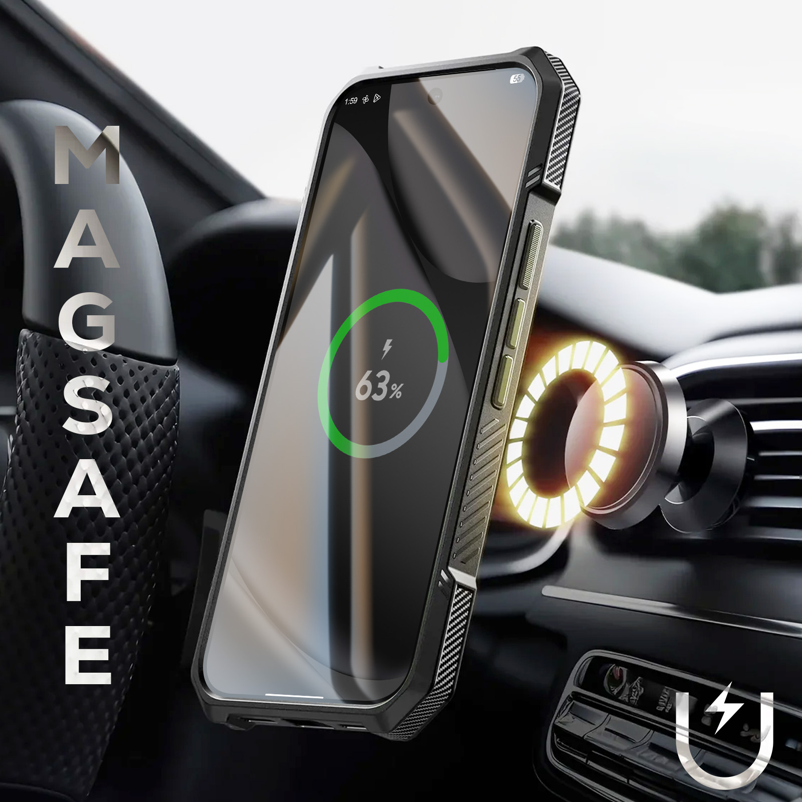 Telefon lädt im Auto. Telefon zeigt 63% Akku. MagSafe-Logo sichtbar.