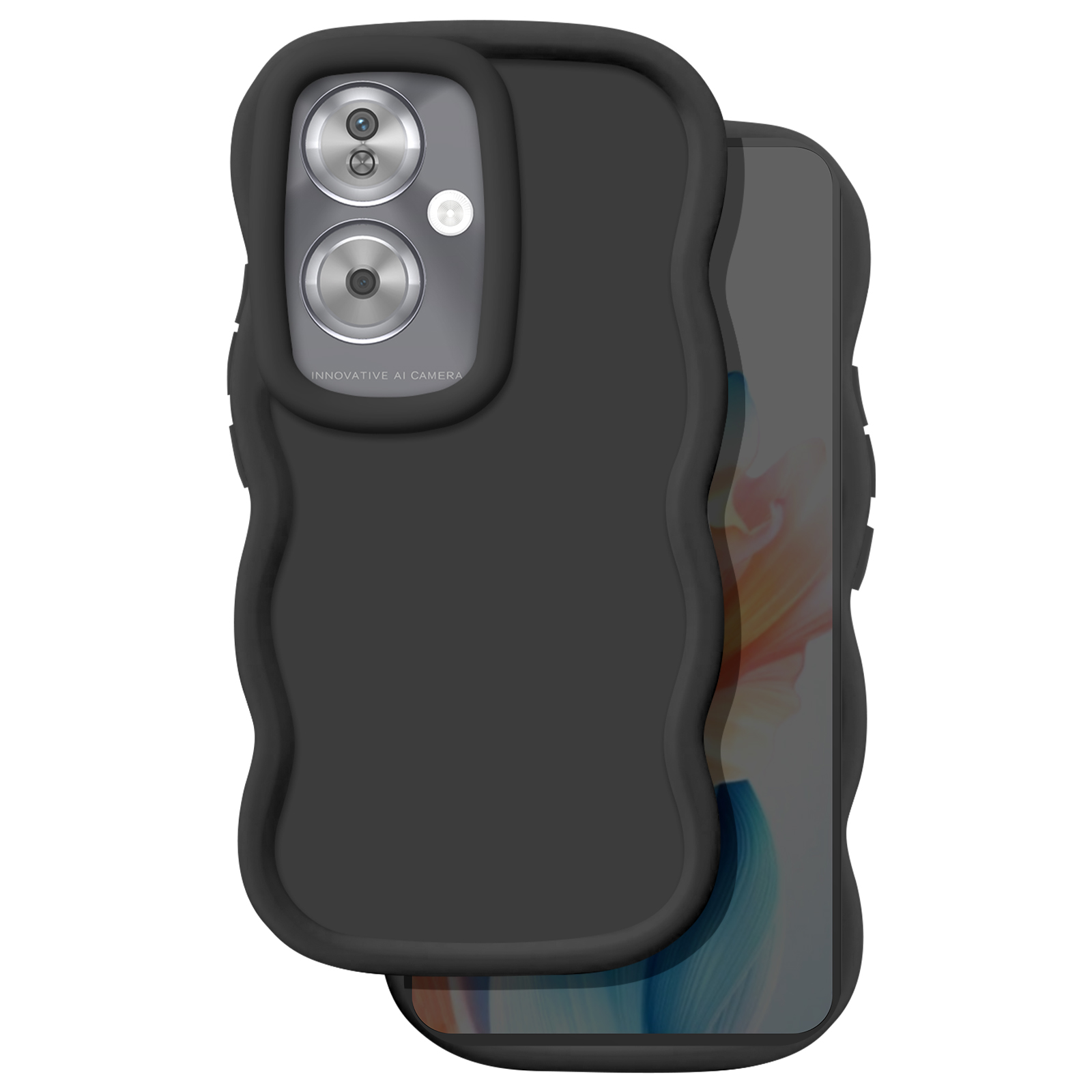 Una custodia nera per telefono con un design a onde, che copre un telefono. La custodia ha un ritaglio per la fotocamera e la scritta 'INNOVATIVE AI CAMERA'.