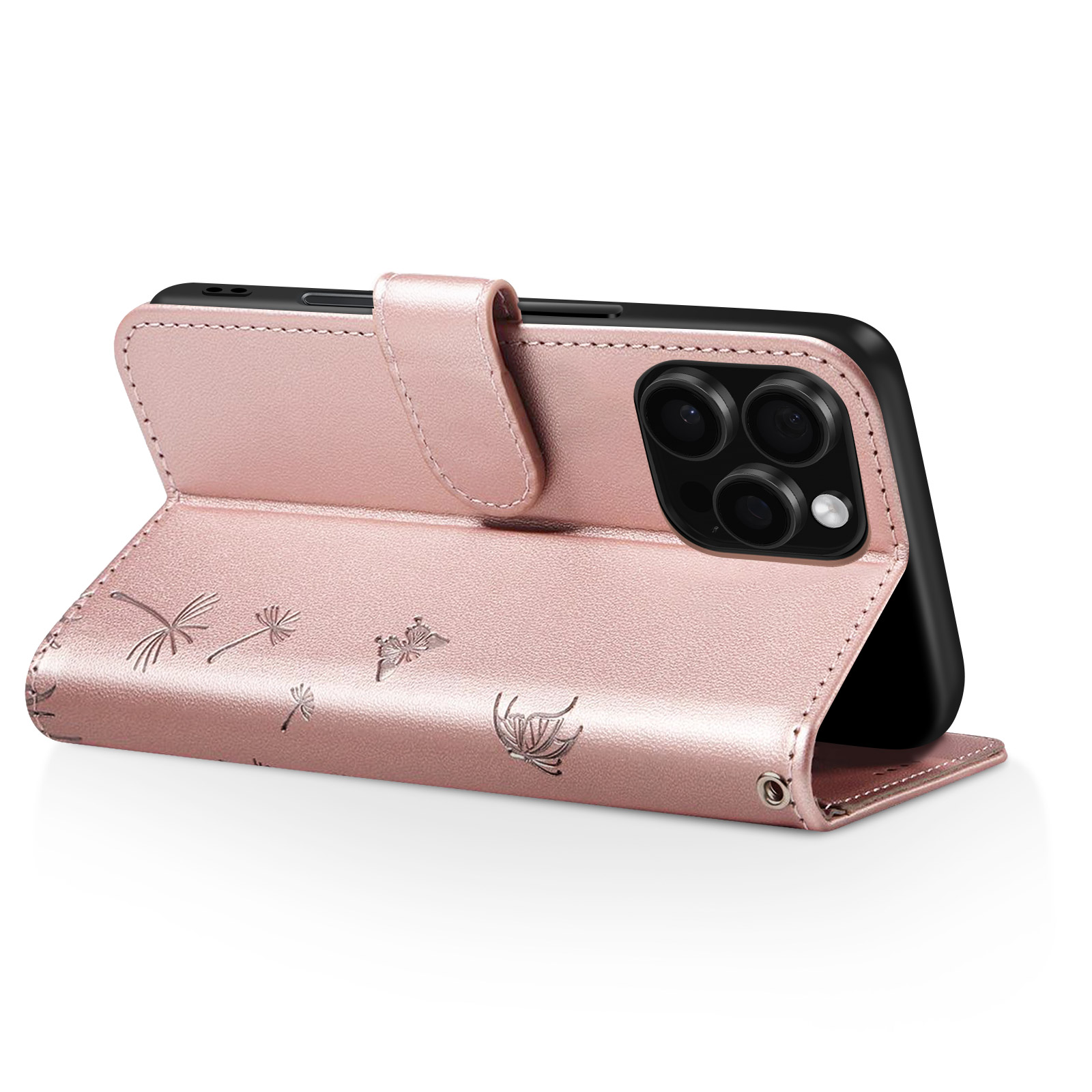 Eine rosa Handyhülle mit Schmetterlingen und Blumen. Die Hülle hält ein schwarzes Telefon. Der Hintergrund ist weiß.