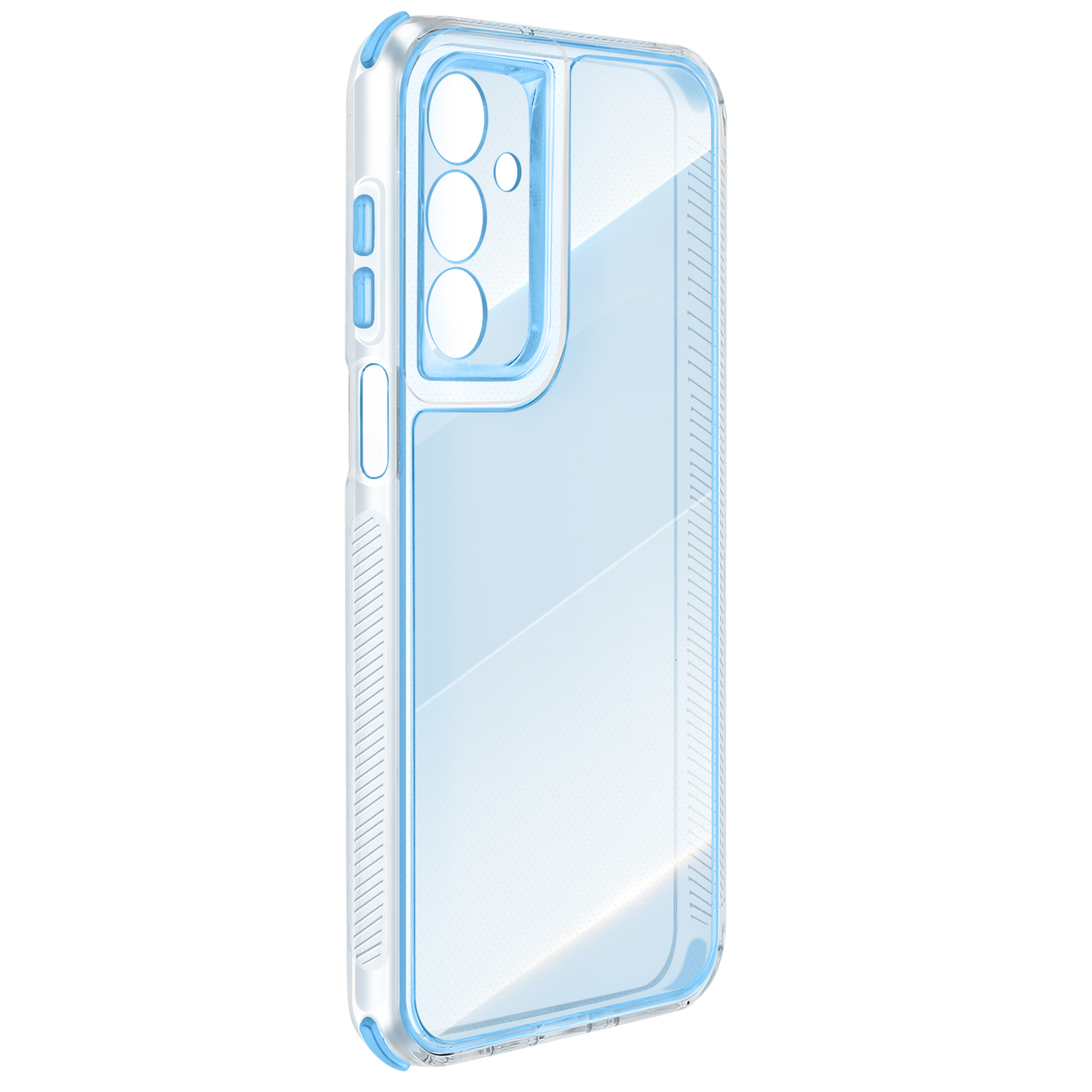 Una custodia trasparente per telefono con accenti blu è mostrata. Ha fori per fotocamere e pulsanti. Lo sfondo è bianco.