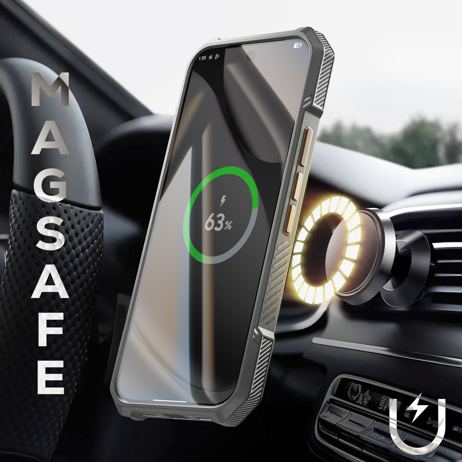 Ein Telefon in einer Autohalterung wird geladen. Das Telefon zeigt 63 % Akku an. Die Halterung leuchtet.