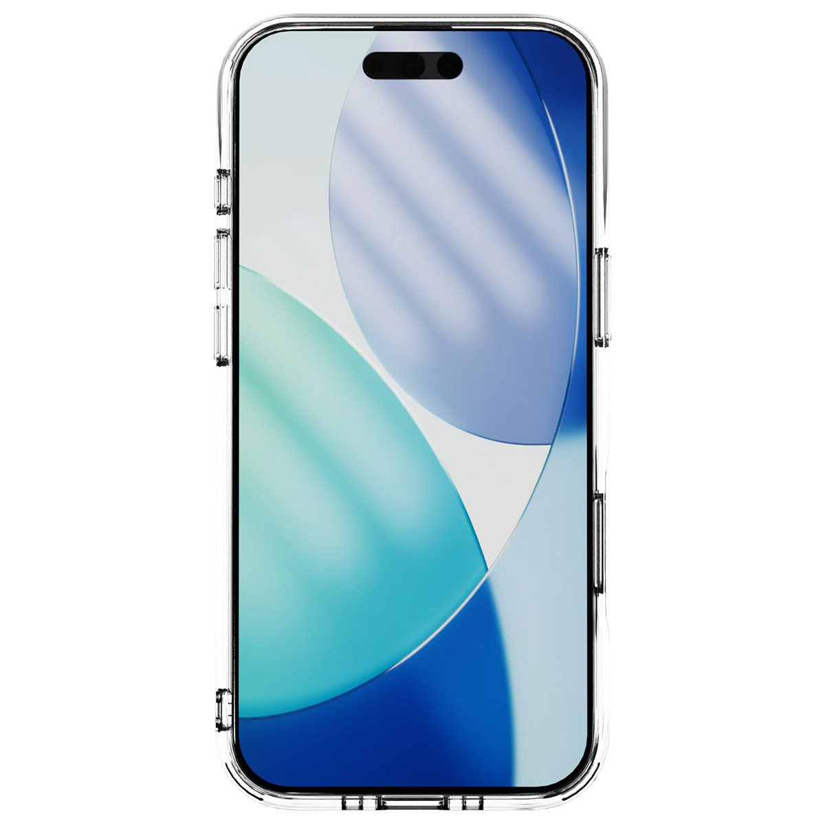 Uno smartphone in una custodia trasparente. Lo schermo mostra forme astratte blu e bianche. La custodia ha i pulsanti.