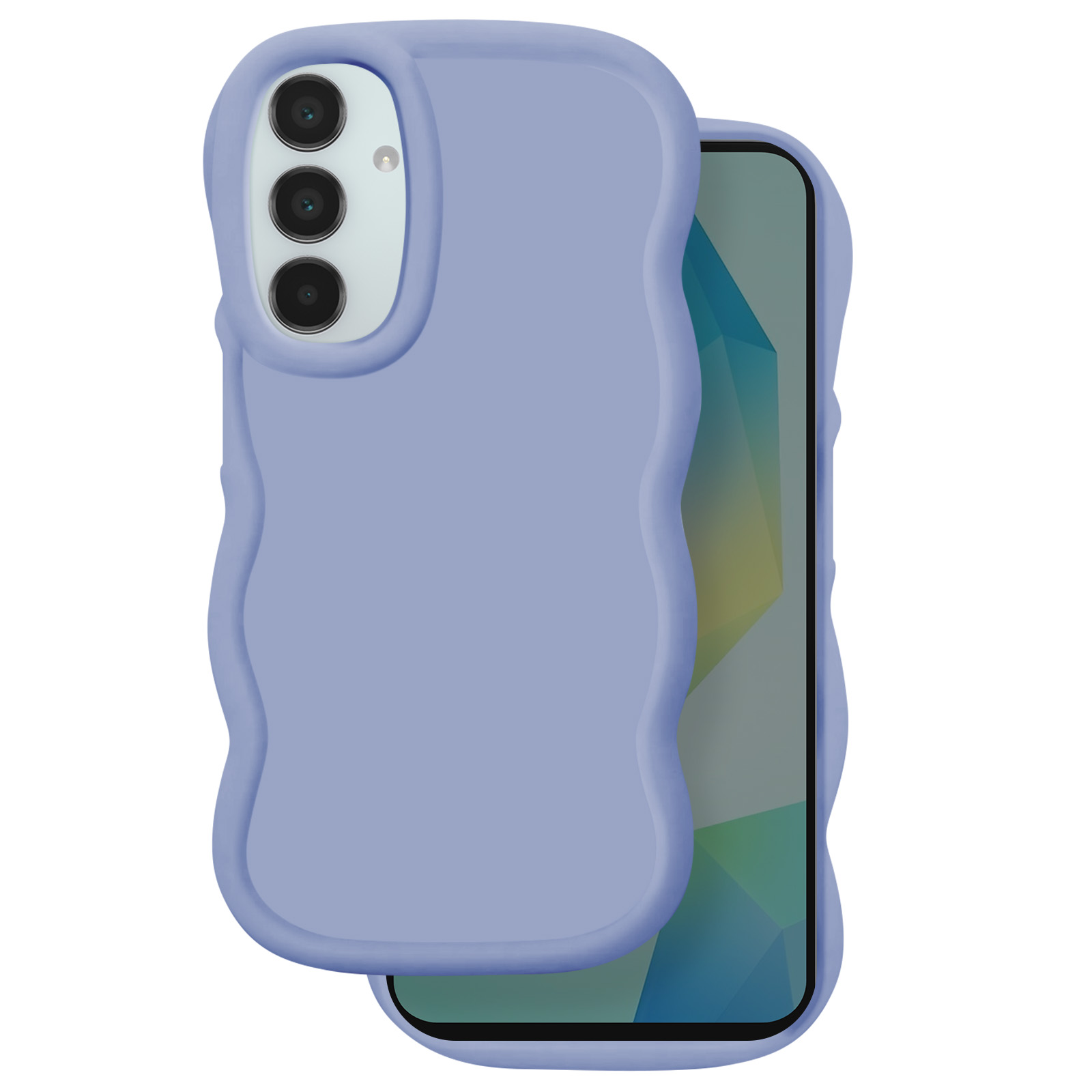 Una custodia per telefono color lavanda con bordi ondulati. Un telefono è parzialmente all'interno. Il telefono ha tre obiettivi.