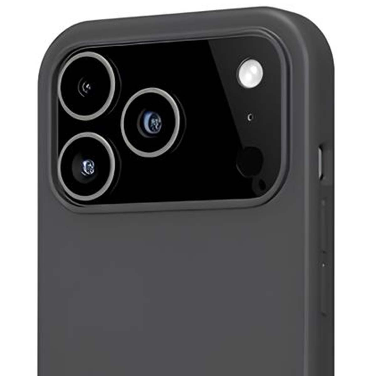 Primo piano di una custodia per telefono grigio scuro. Sono visibili tre obiettivi della fotocamera e un flash. La custodia ha angoli arrotondati e pulsanti laterali.