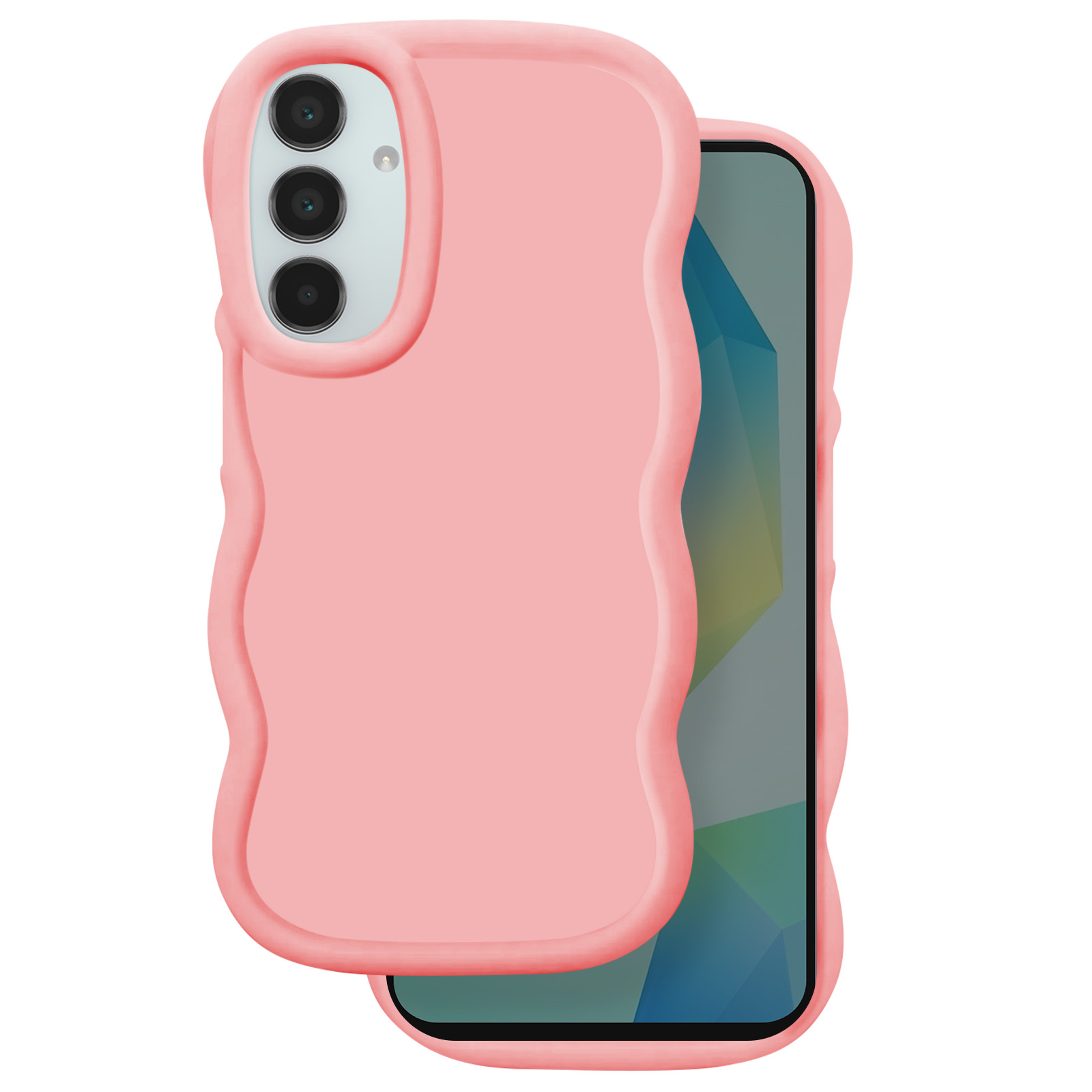 Una custodia rosa con un design ondulato, che protegge un telefono con uno schermo che mostra forme blu e verdi.
