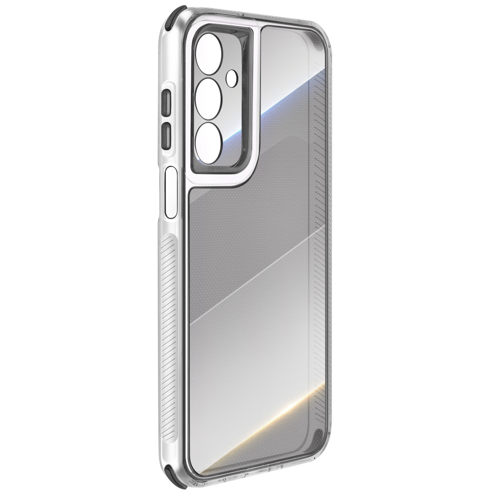 Una custodia trasparente per telefono con cornice argentata. Ha ritagli per la fotocamera e copri pulsanti. La custodia è angolata su una superficie bianca.