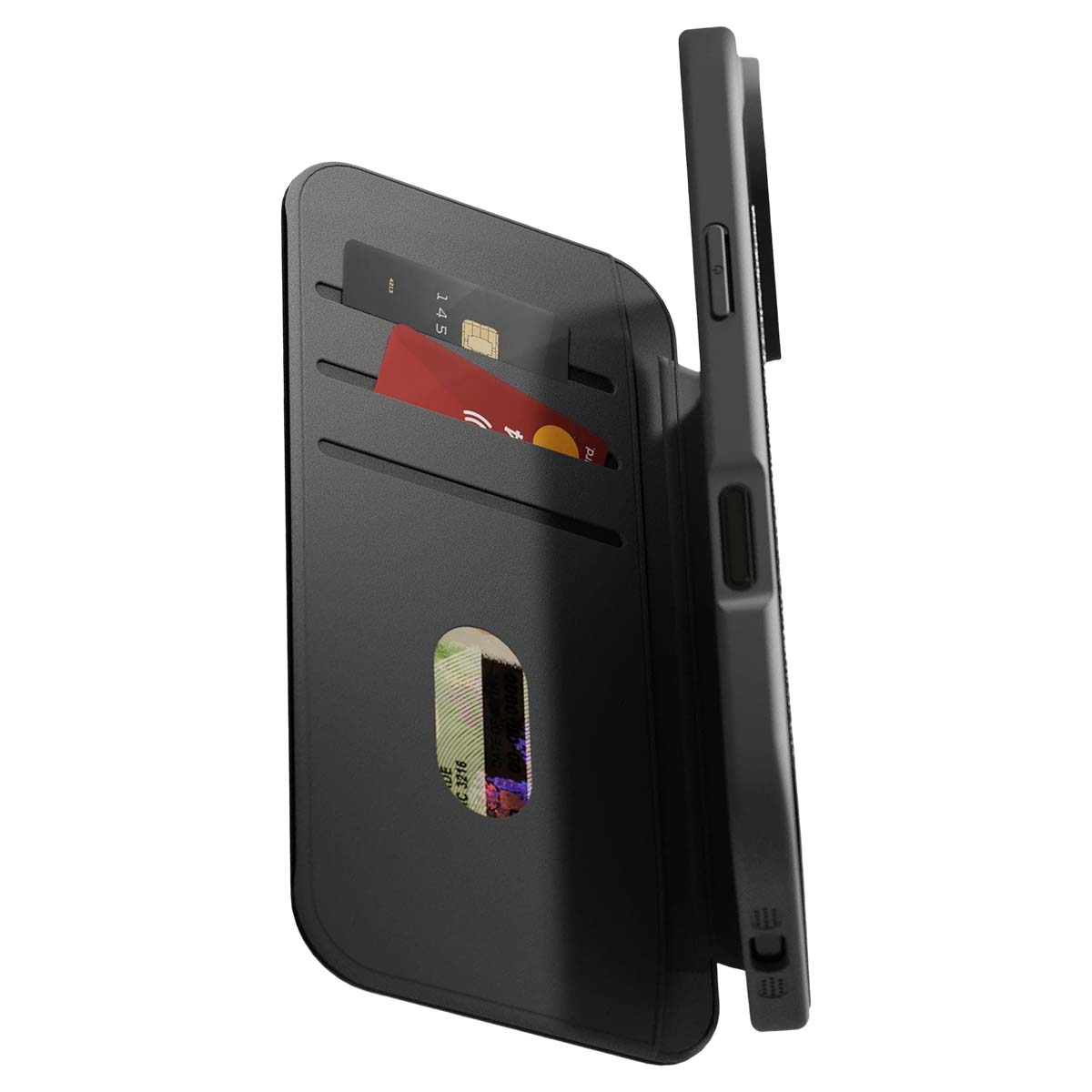 Custodia nera per telefono con scomparti per carte. Carte di credito visibili. Telefono a destra. Dettagli chiari.
