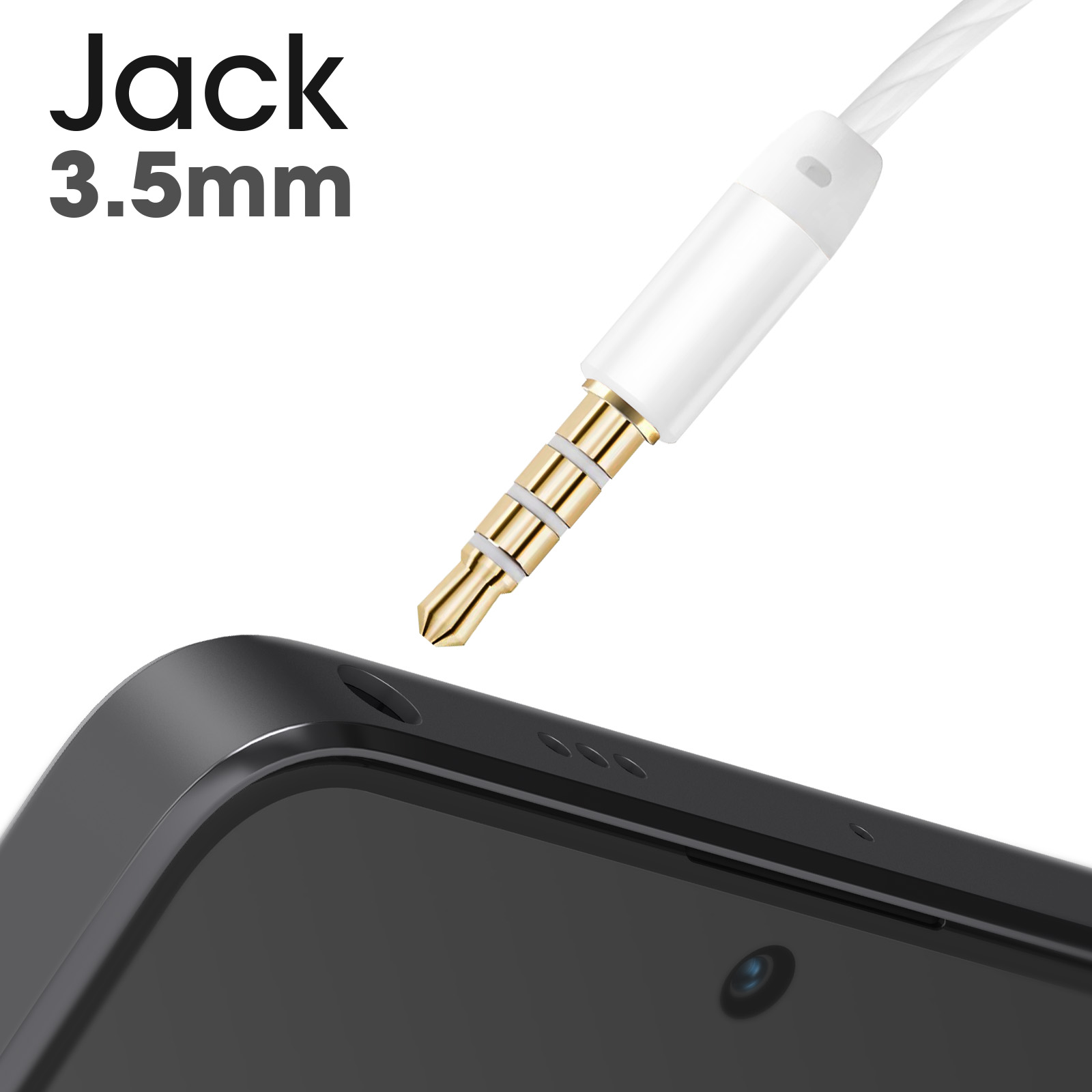 Ein 3,5-mm-Klinkenstecker mit weißem Kabel, ein schwarzes Telefon und der Text 'Jack 3,5 mm' auf weißem Grund.