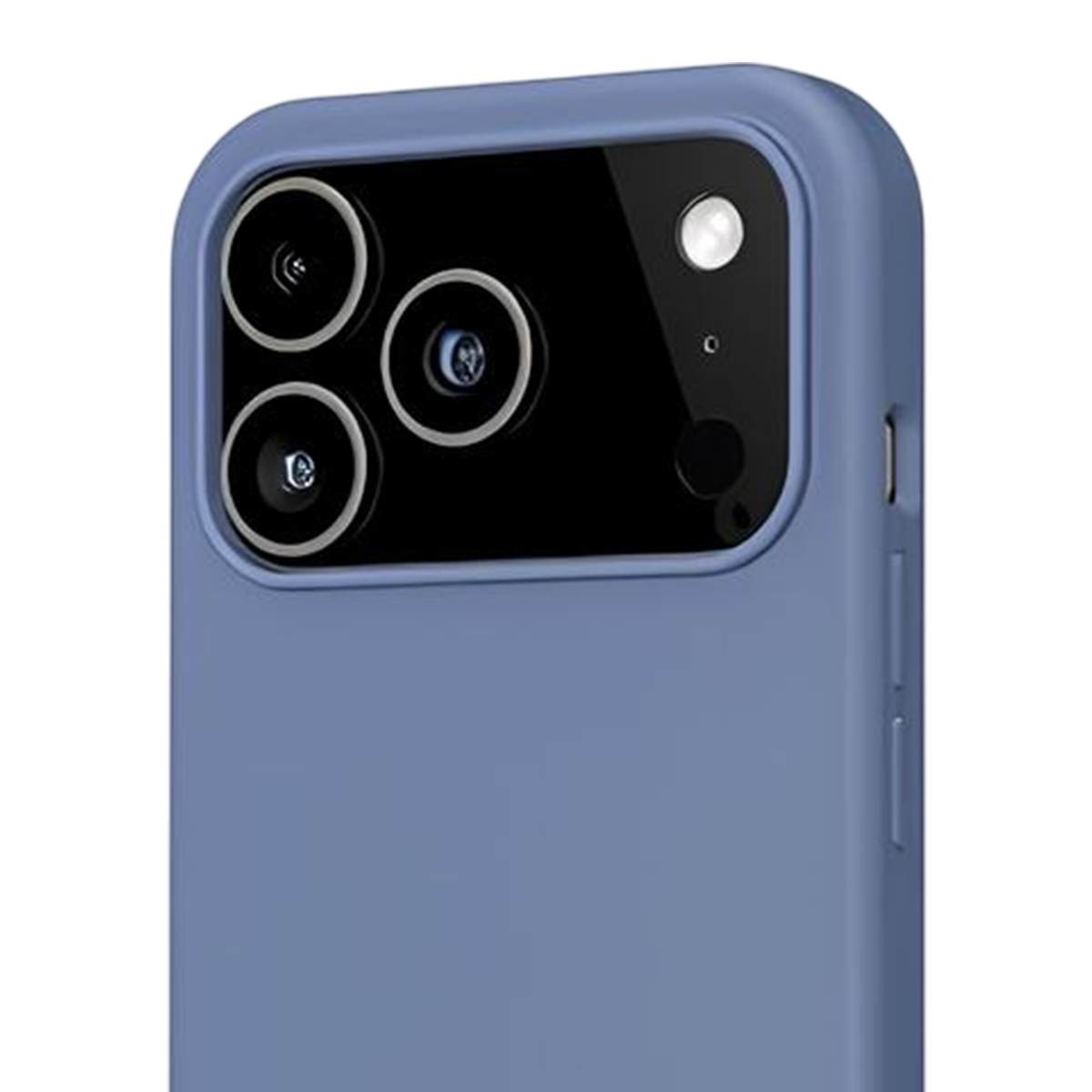 Primo piano di una custodia blu per telefono con un modulo fotocamera nero con tre obiettivi, un flash e un piccolo cerchio nero.