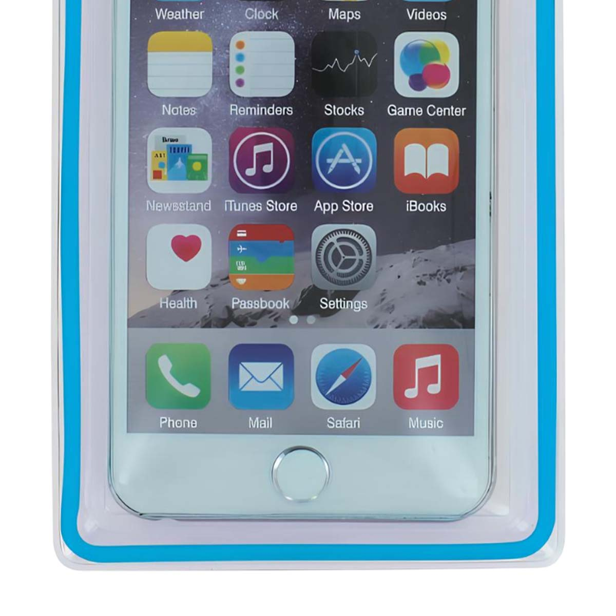Un iPhone bianco mostra le icone delle app come Meteo, Musica e Mail all'interno di una custodia impermeabile trasparente con bordo blu.