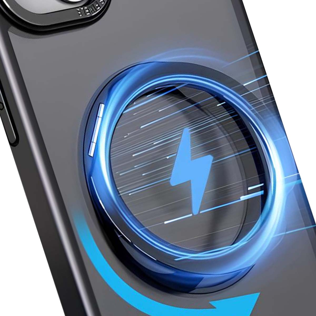 Primo piano di una custodia per telefono con un fulmine blu in un cerchio. La custodia è nera e grigia.