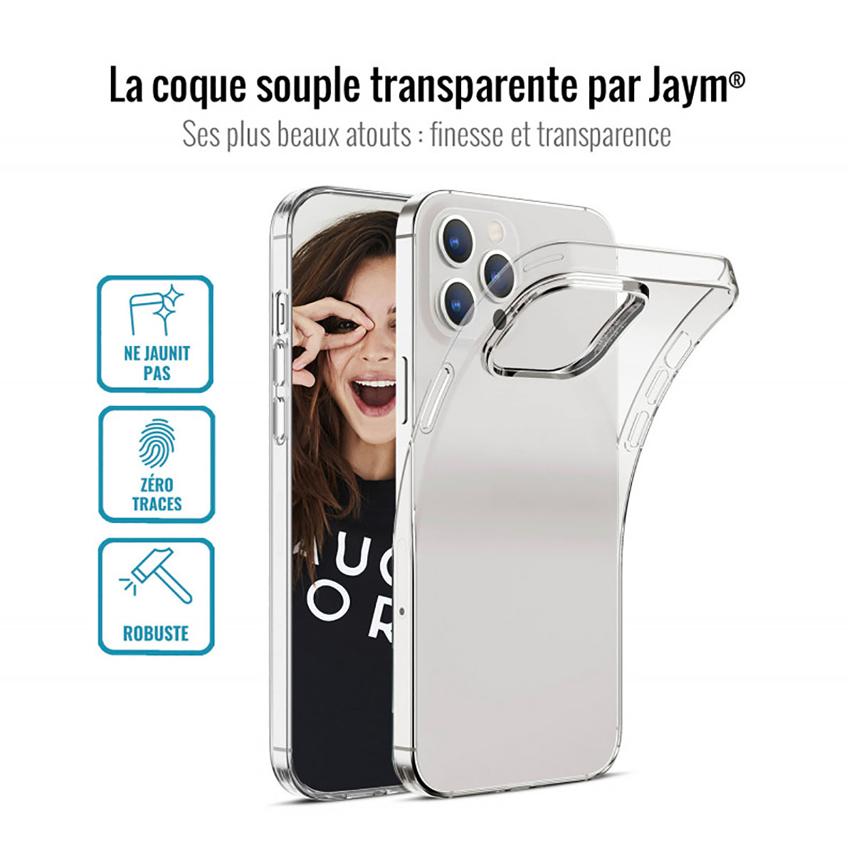 Custodia trasparente per telefono con volto di donna. La custodia è trasparente, mostra il design del telefono e testi sulle sue caratteristiche.