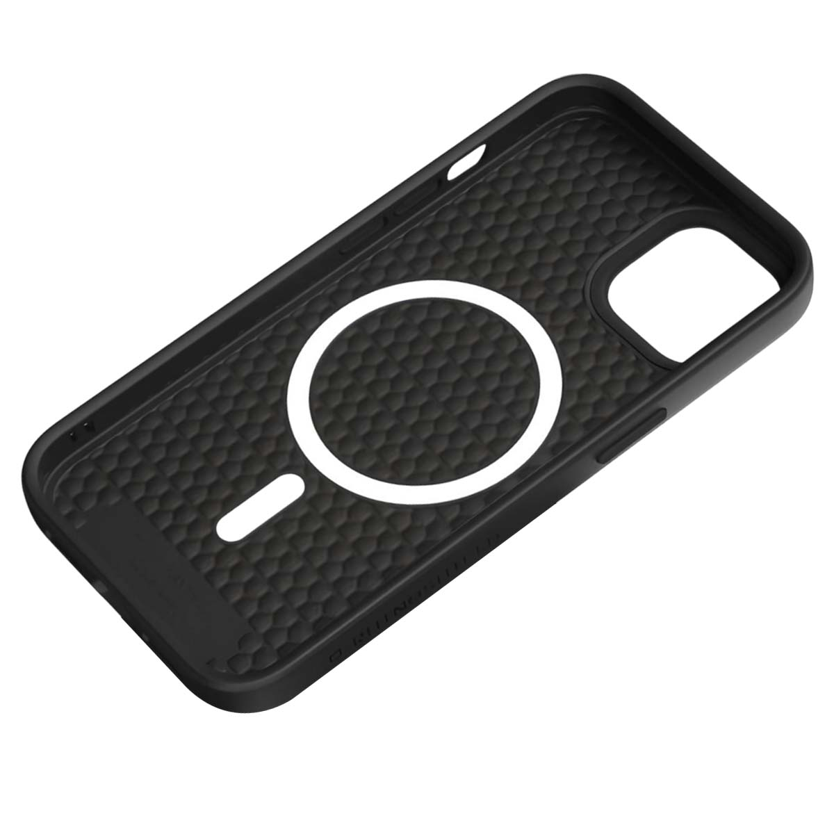 Custodia nera per telefono con design circolare bianco e interno strutturato. Fori per fotocamera e pulsanti.