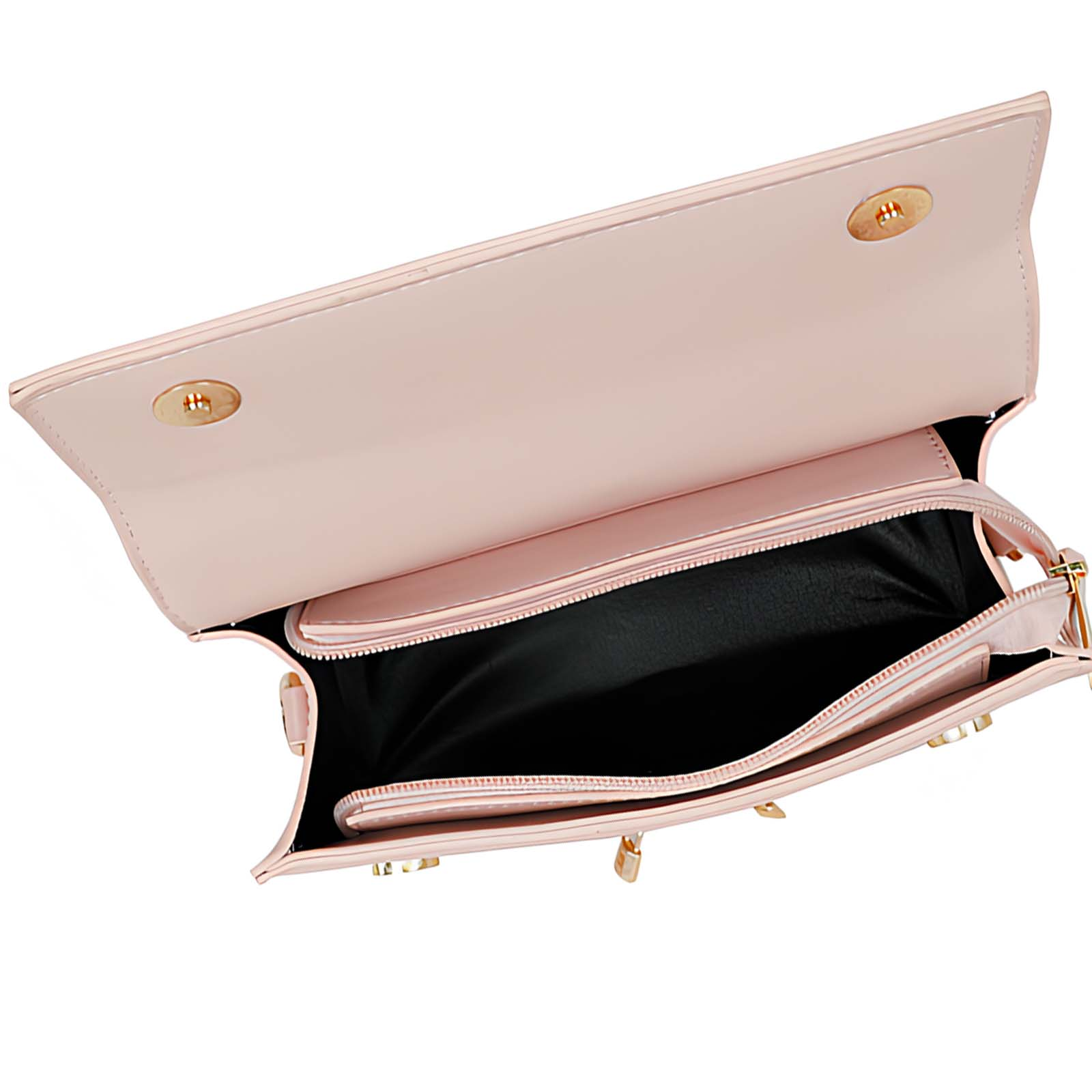 Bolso rosa abierto con interior negro. Herrajes dorados visibles en el cierre y la cremallera.