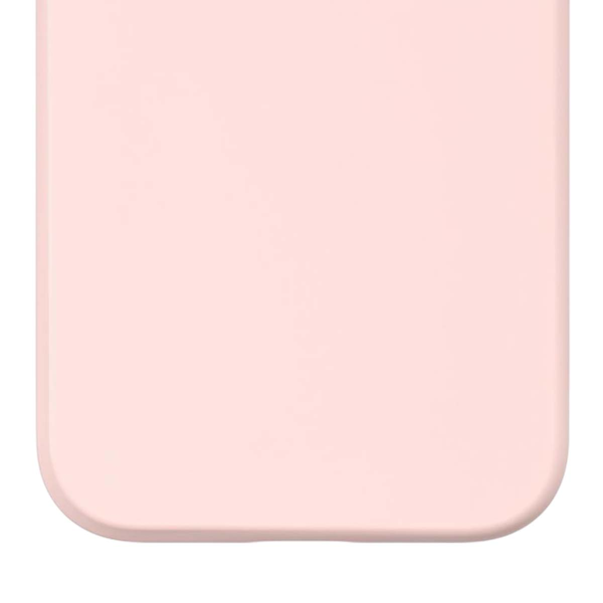 Primo piano di un oggetto rosa chiaro con angoli arrotondati. Lo sfondo è di un colore rosa chiaro uniforme, abbinato all'oggetto.