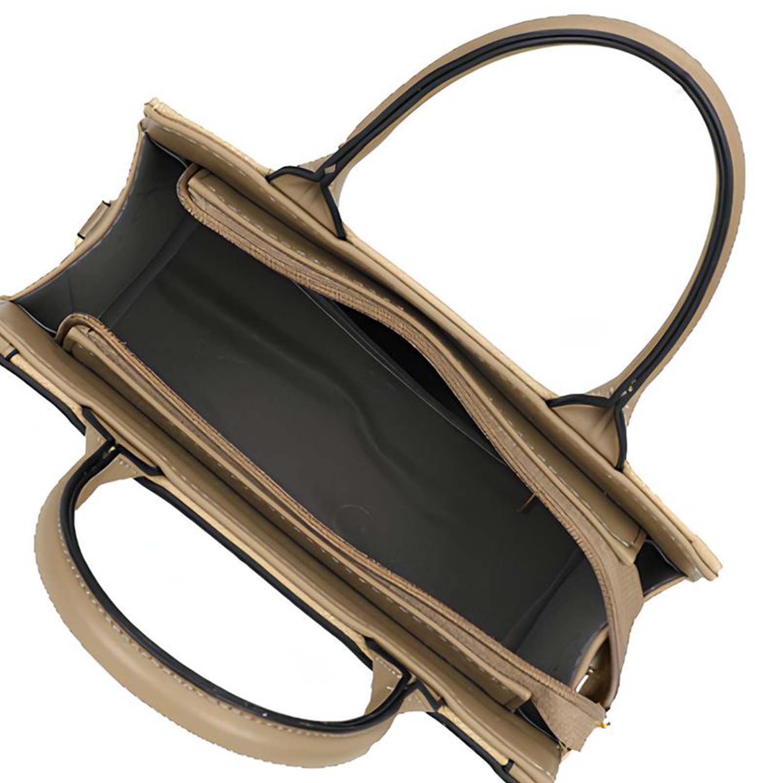 Bolso de mano color canela con asas negras, abierto para revelar un interior oscuro con un bolsillo.