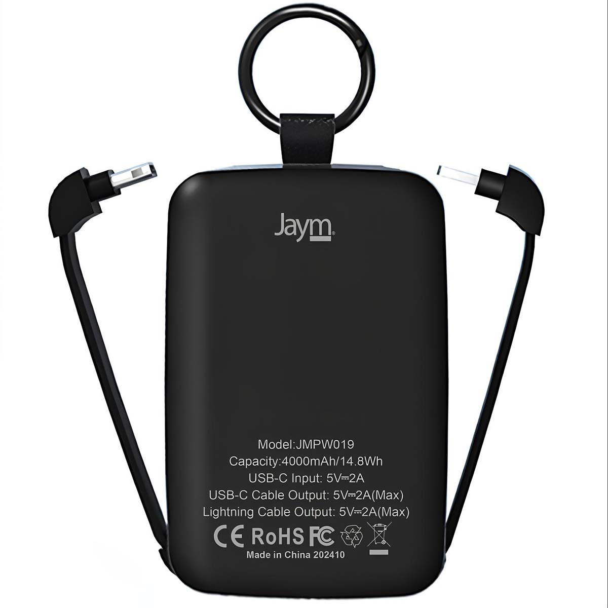 Batterie externe noire avec câbles USB-C et Lightning. Elle possède un anneau et du texte à l'avant.