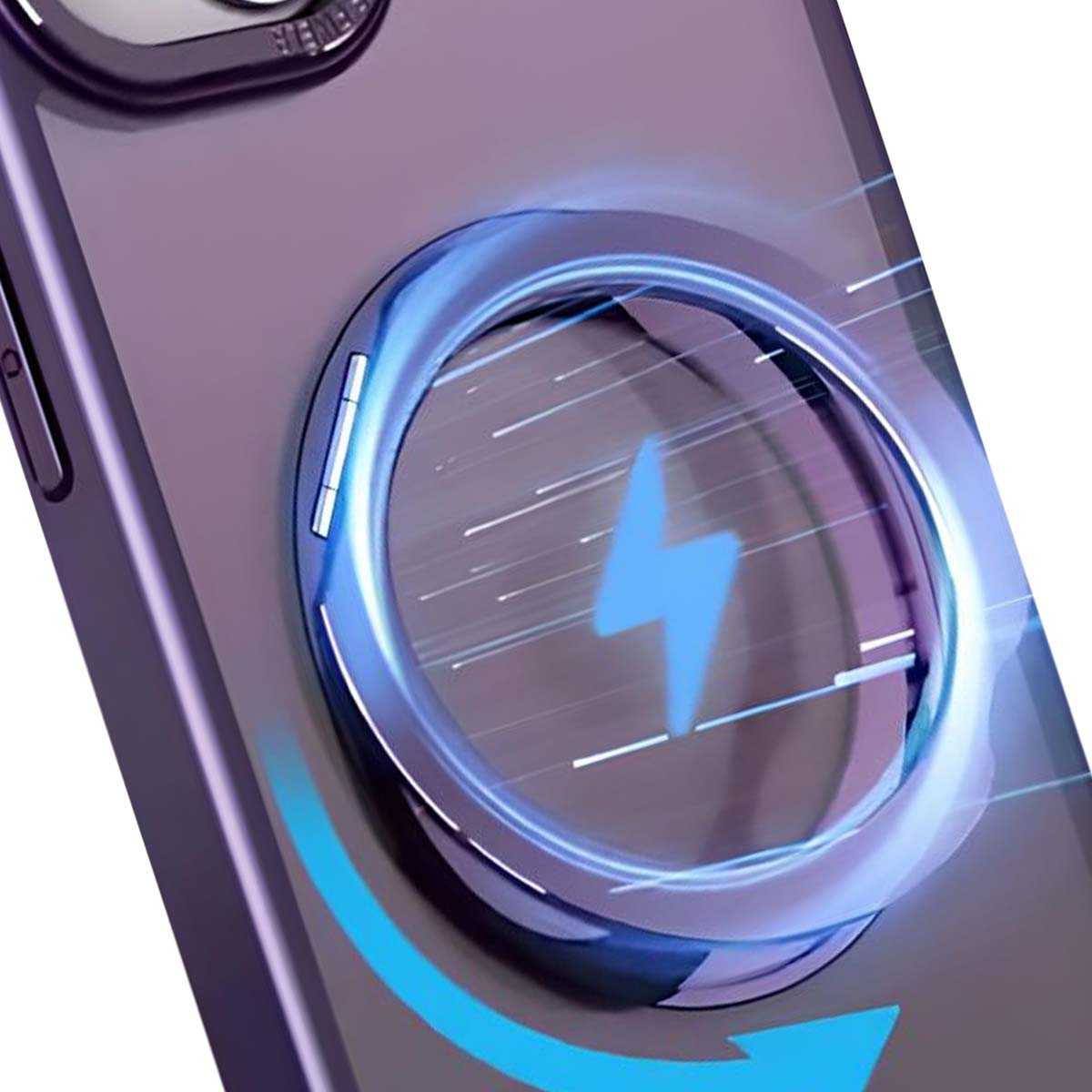 Una custodia per telefono con un fulmine blu, circondata da un anello blu brillante. Una freccia blu indica la ricarica.