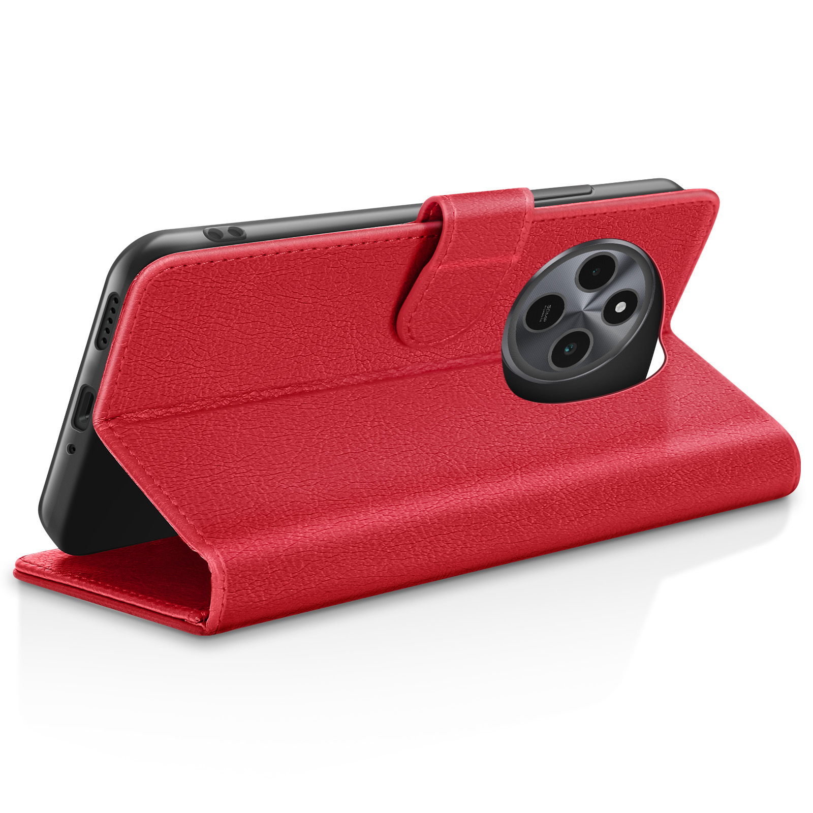 Étui de téléphone rouge, ouvert, soutenant un téléphone noir. L'étui est en similicuir, avec fermeture magnétique.