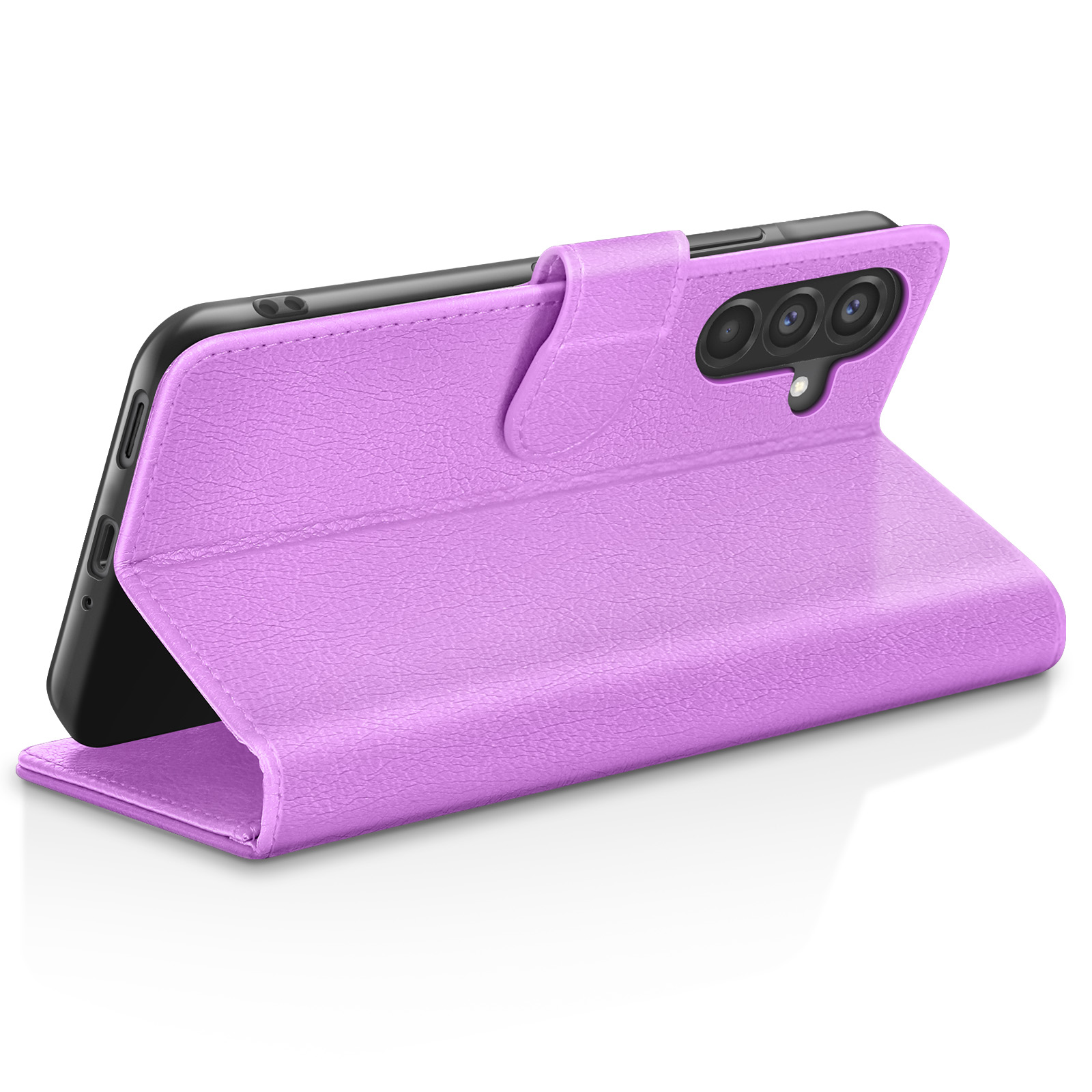 Een paarse telefoonhoes, open, met een zwarte telefoon. De hoes is leerachtig, met cameralaten.