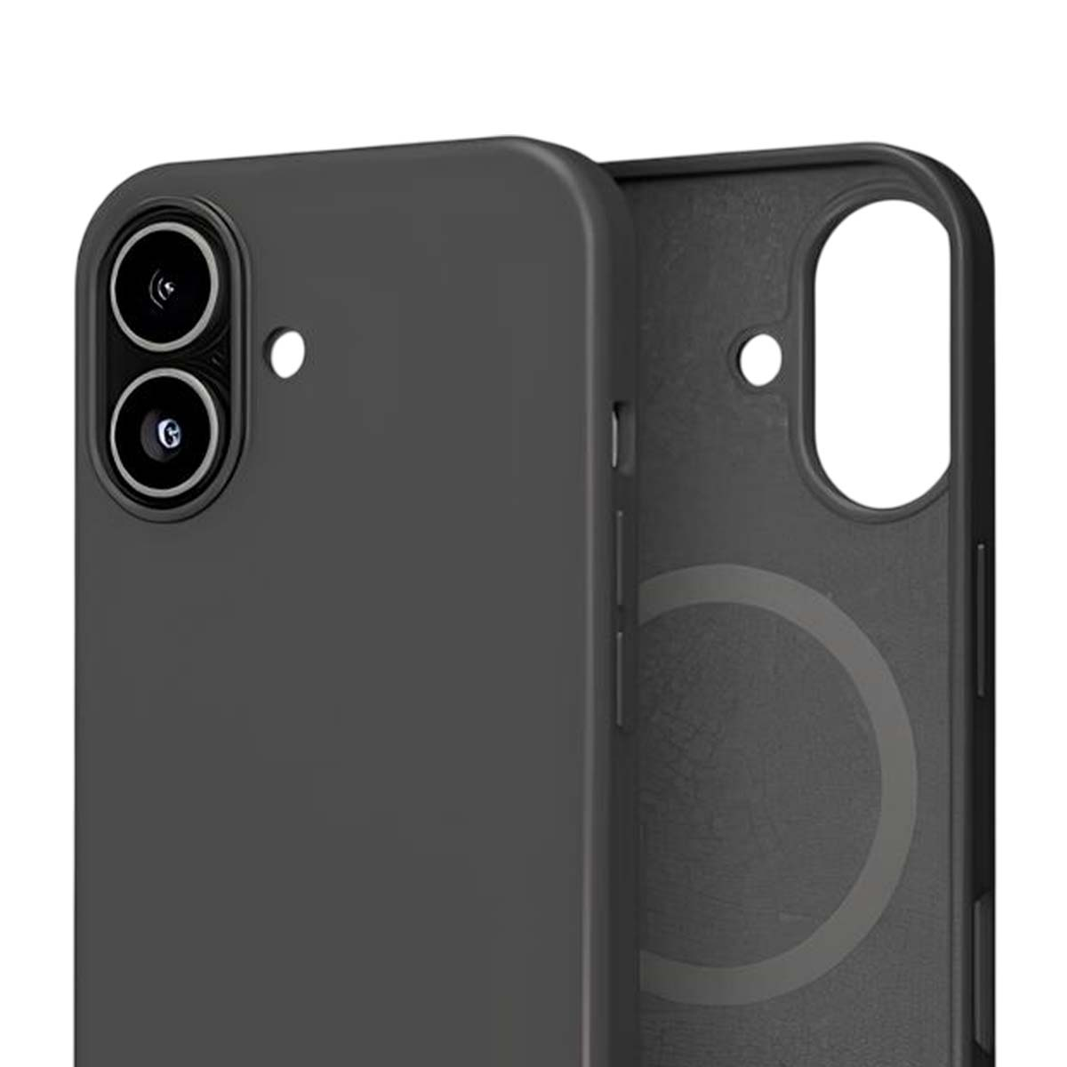 Primo piano di una custodia per telefono grigio scuro, che mostra i ritagli della fotocamera e la fodera interna.