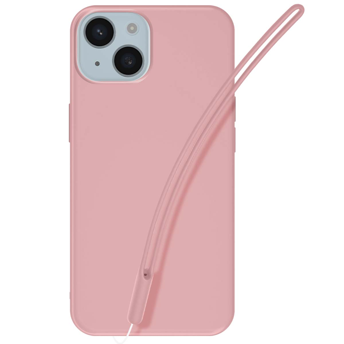 Een roze telefoonhoesje met een cameramodule wordt getoond, het heeft een riem. De achtergrond is wit.