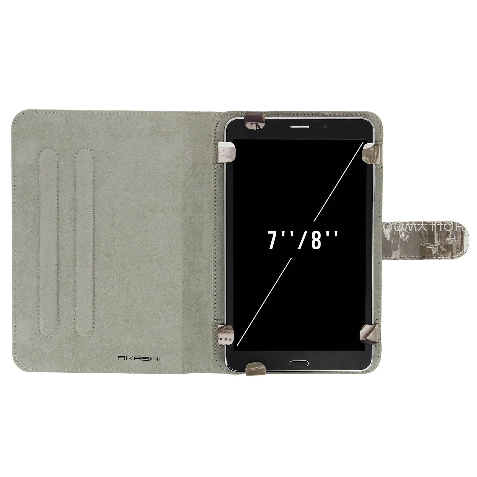 Tablet in custodia grigia. Lo schermo mostra 7''/8''. Custodia aperta, tasche interne e marchio Akashi.
