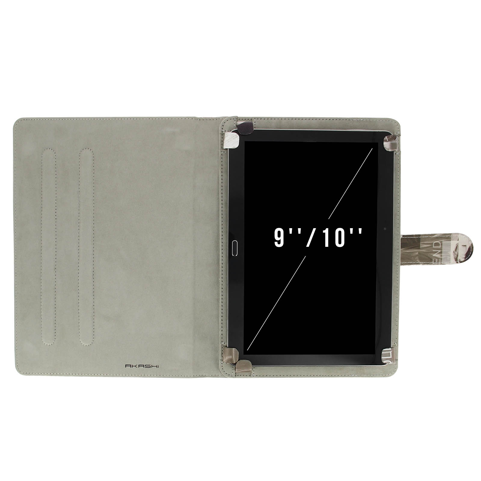 Custodia per tablet aperta con tablet all'interno. Lo schermo mostra '9"/10". La custodia è grigia con il marchio 'AKASHI'.