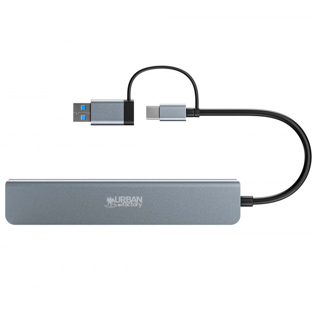 Un hub USB gris avec des connecteurs USB-A et USB-C. Un câble noir relie le hub aux connecteurs. Le logo Urban Factory est visible.