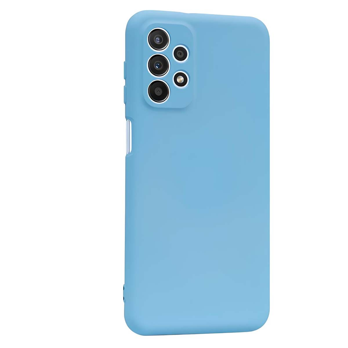 Una custodia per telefono azzurra. Ha fori per la fotocamera e pulsanti. La custodia copre la parte posteriore e i lati del telefono.