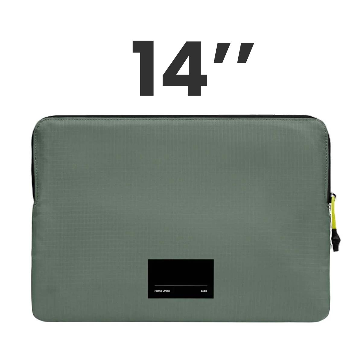 Szare etui na laptopa z czarną etykietą, marką Native Union i żółtym zamkiem błyskawicznym. Tekst "14"" jest powyżej etui.