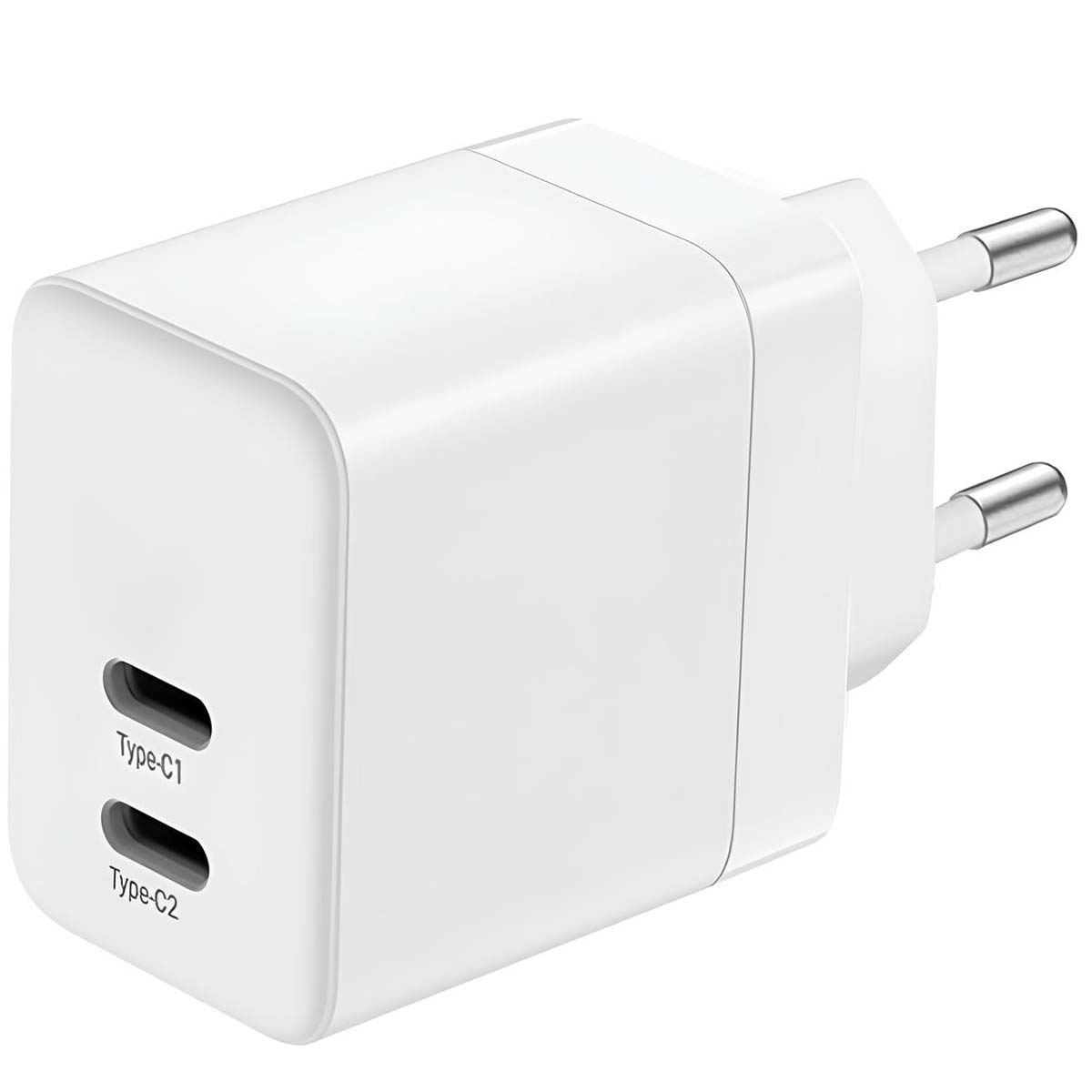 Un chargeur Type-C blanc avec deux ports. Il possède deux broches pour les prises européennes. Les ports sont étiquetés 'Type-C1' et 'Type-C2'.