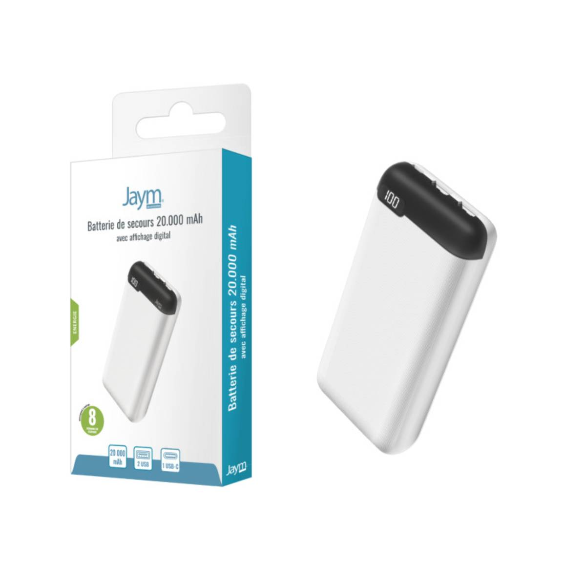 Une batterie externe blanche avec un affichage numérique indiquant 100 se trouve à côté de son emballage. L'emballage contient du texte et des icônes.