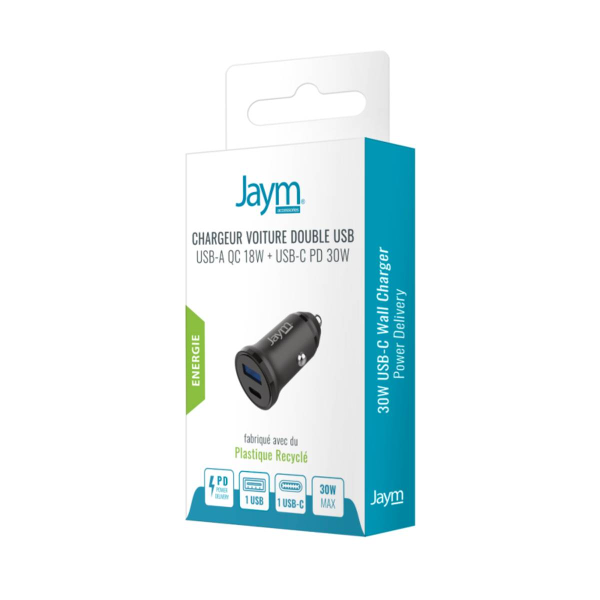 Una scatola del caricabatterie per auto Jaym. È blu e bianca, con un caricabatterie nero visibile. Il testo include 'CHARGEUR VOITURE DOUBLE USB' e 'Plastique Recyclé'.