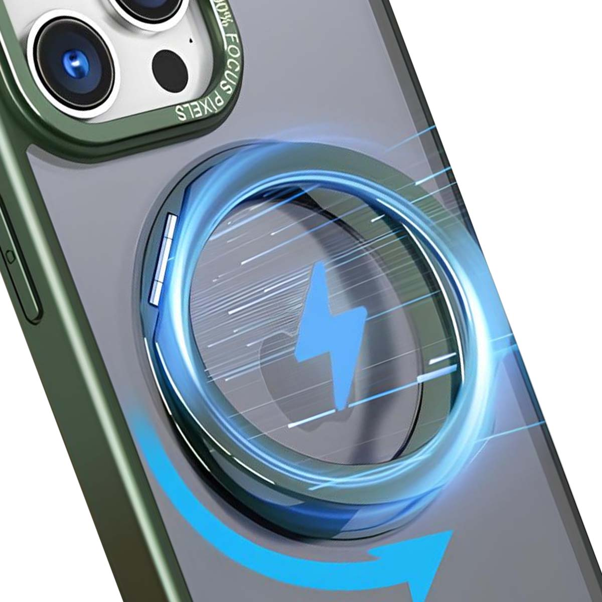 Una custodia per telefono con un simbolo di ricarica a fulmine blu. La custodia è verde e trasparente, con focus sulla fotocamera.