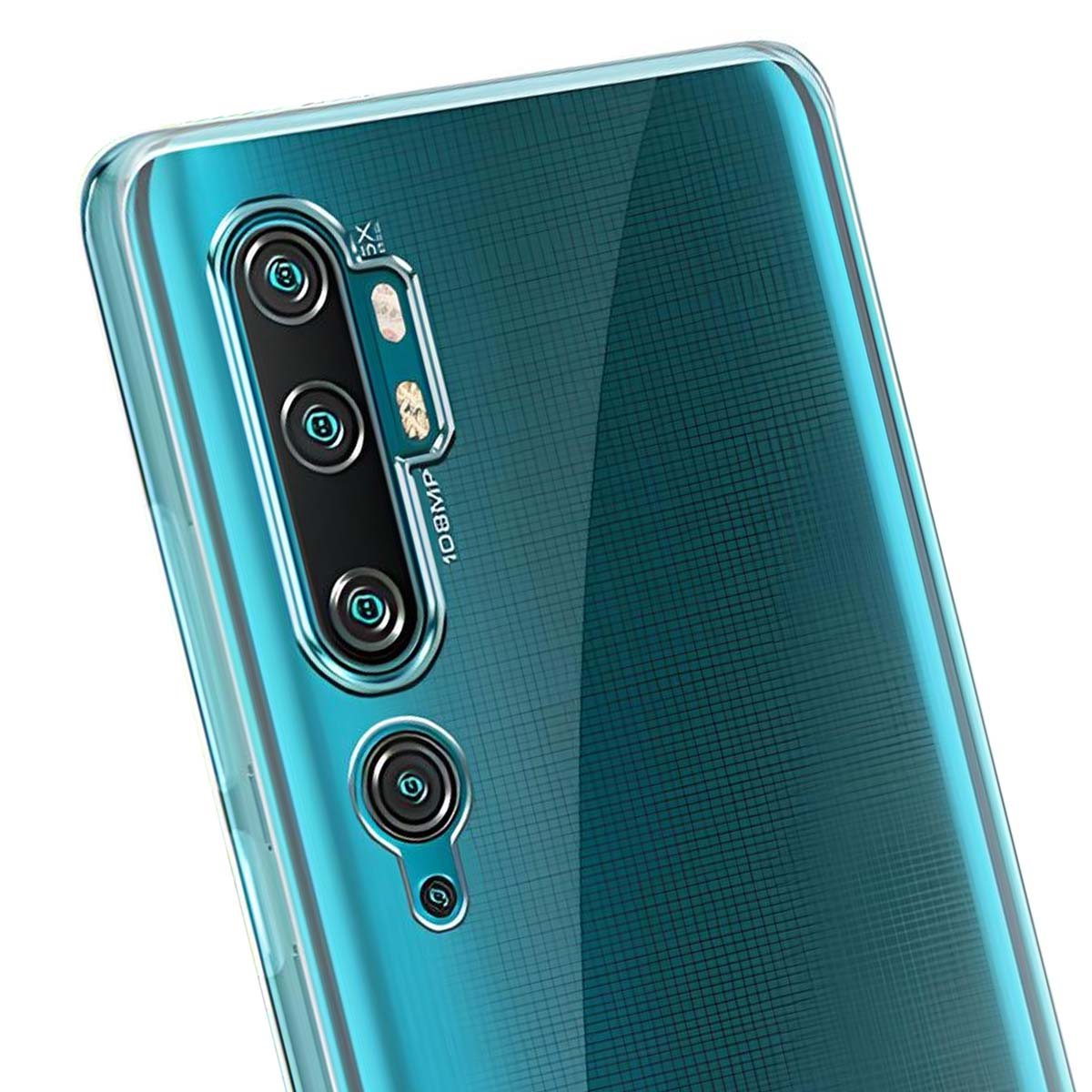 Retro di smartphone con più lenti e custodia trasparente. Il telefono è verde acqua, con un motivo strutturato.