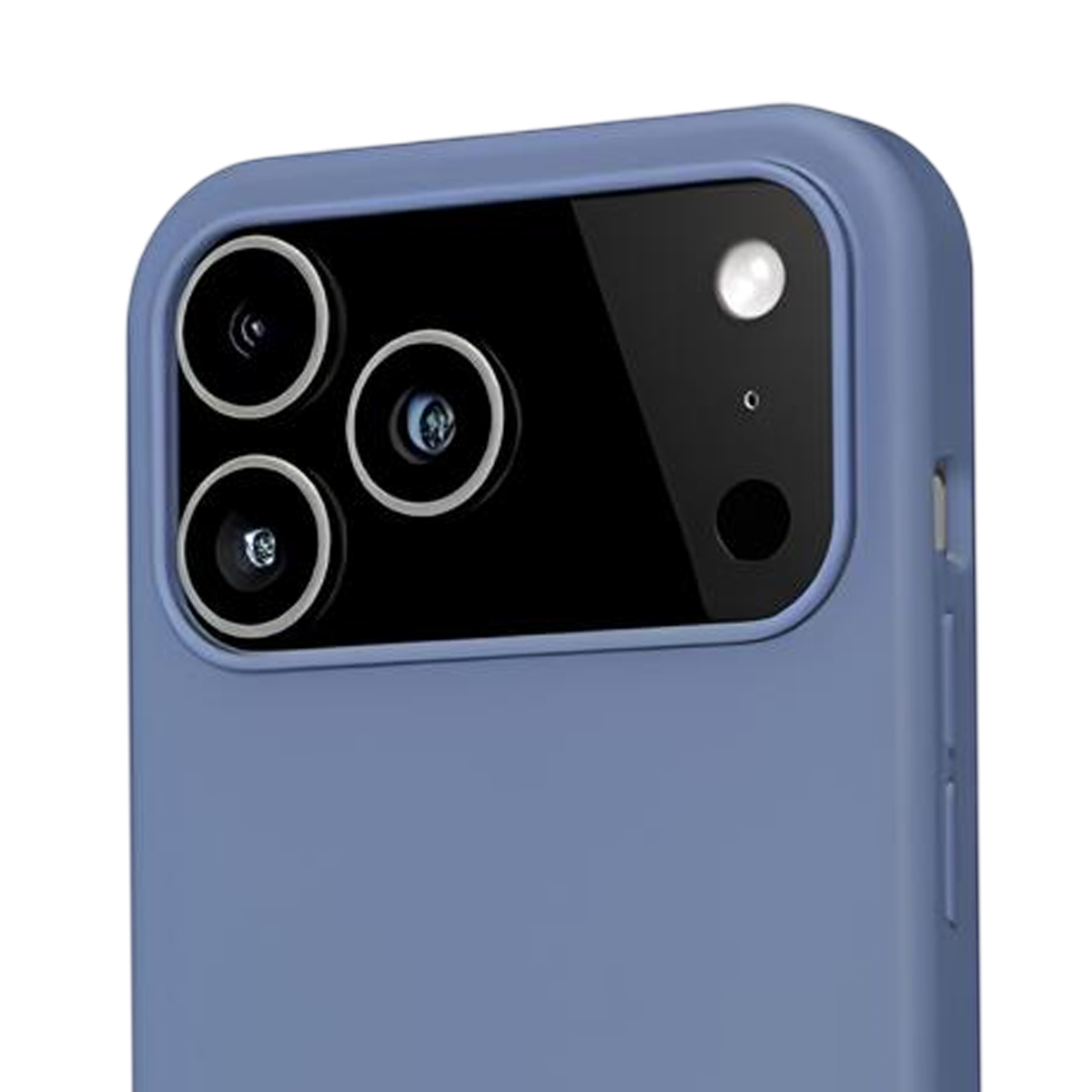 Primo piano di una custodia blu per telefono con modulo fotocamera. Il modulo ha tre lenti e un flash, dettagli visibili.