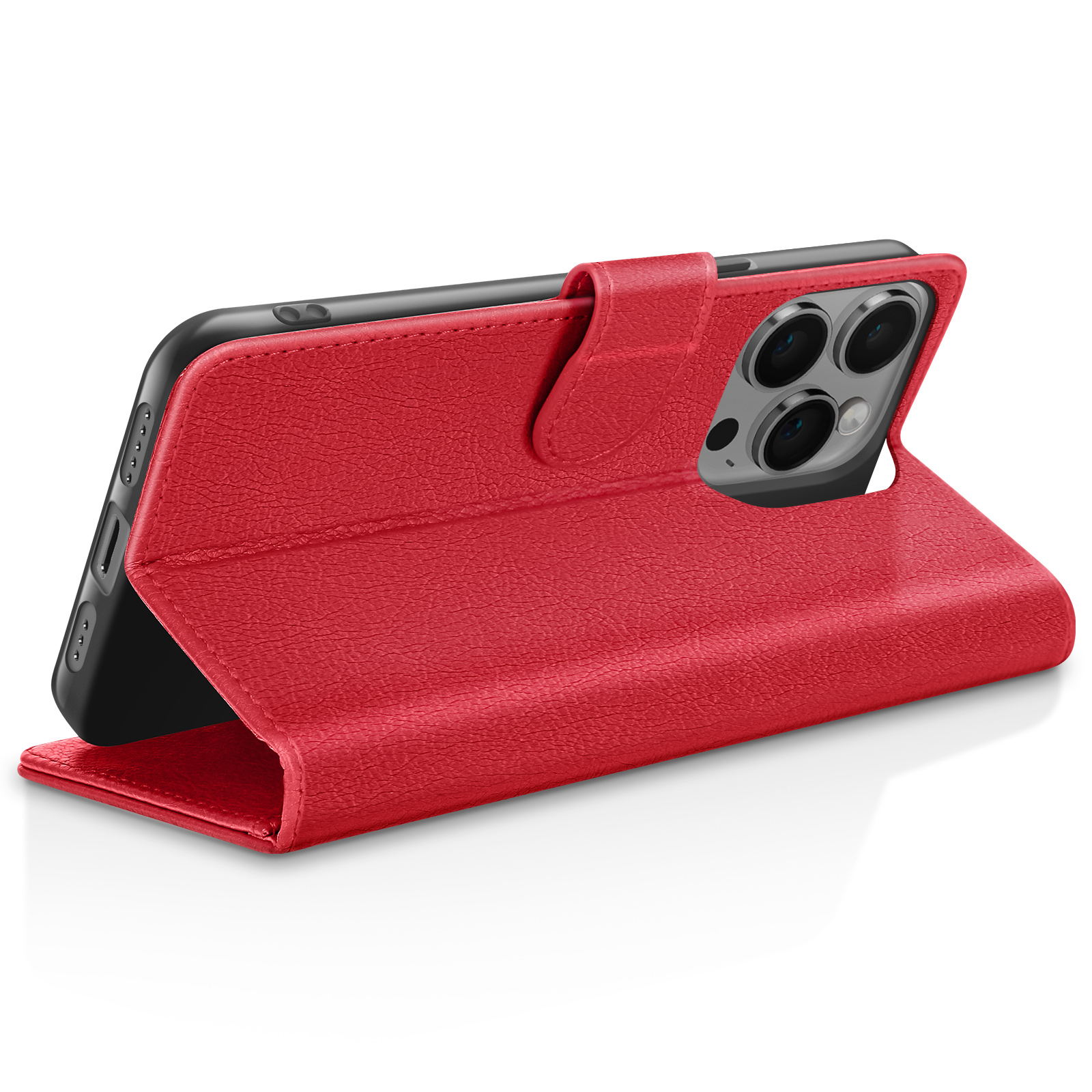 Una custodia per telefono in pelle rossa, con un telefono nero all'interno, è aperta. La fotocamera del telefono è visibile. Sfondo bianco.