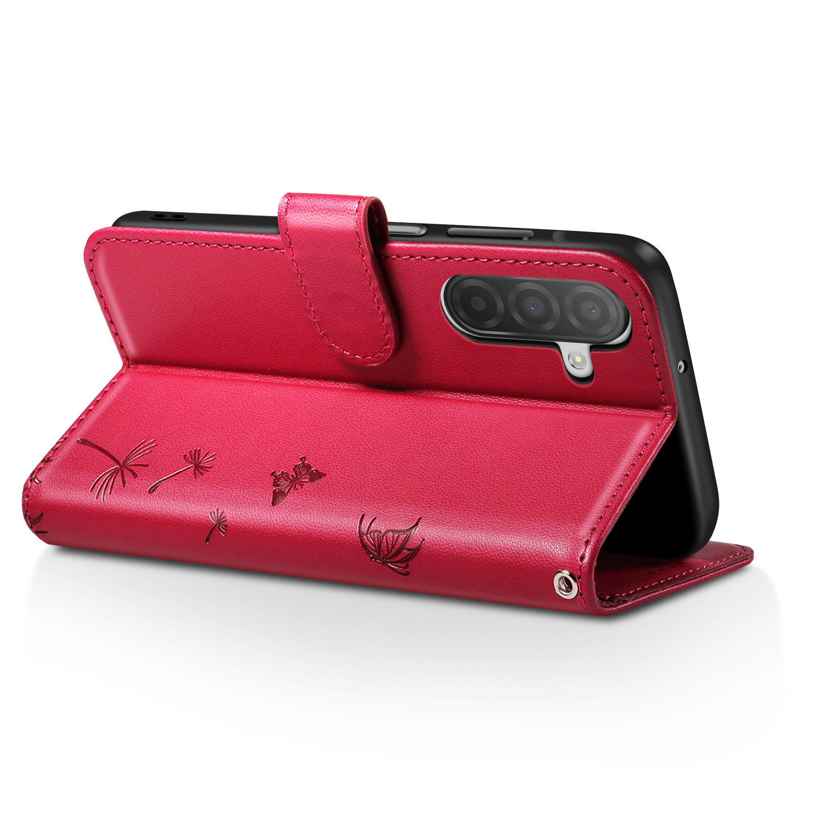 Una custodia rossa per telefono con disegni in rilievo è aperta, rivelando un telefono nero. La custodia ha una chiusura magnetica.