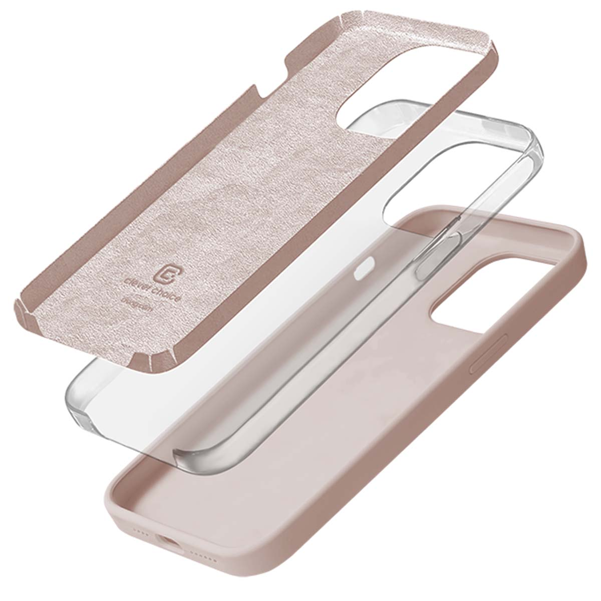Custodia per telefono a tre strati, beige rosato. Strato superiore strutturato, centrale trasparente, inferiore con intaglio fotocamera.