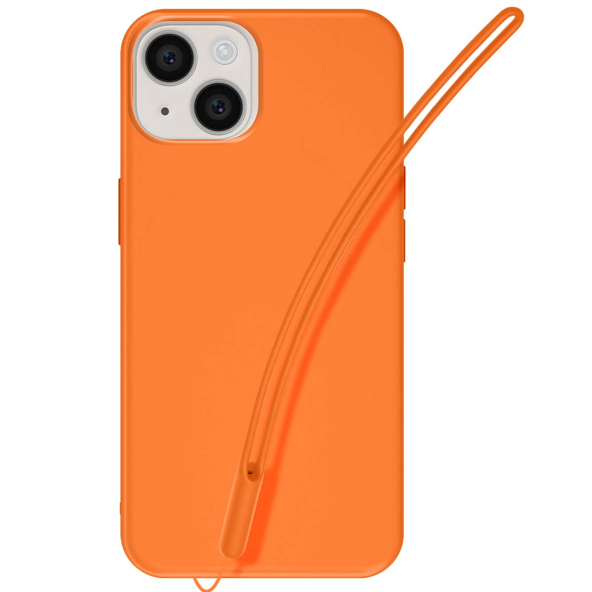 È mostrata una custodia arancione per telefono con un modulo fotocamera, ha un cinturino attaccato. Lo sfondo è bianco.