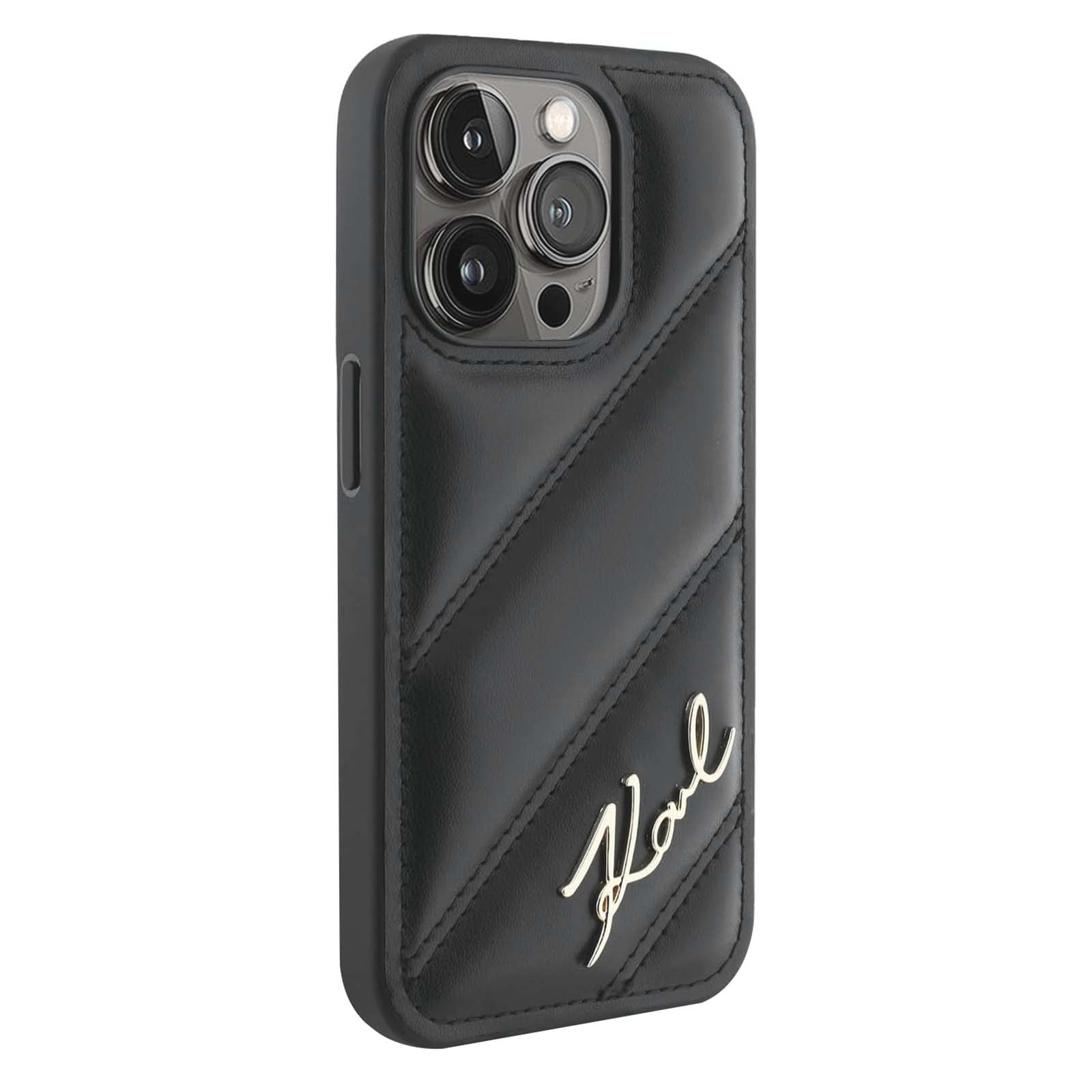 Custodia nera per telefono con lenti della fotocamera. Design cucito diagonale. Logo Karl argentato.