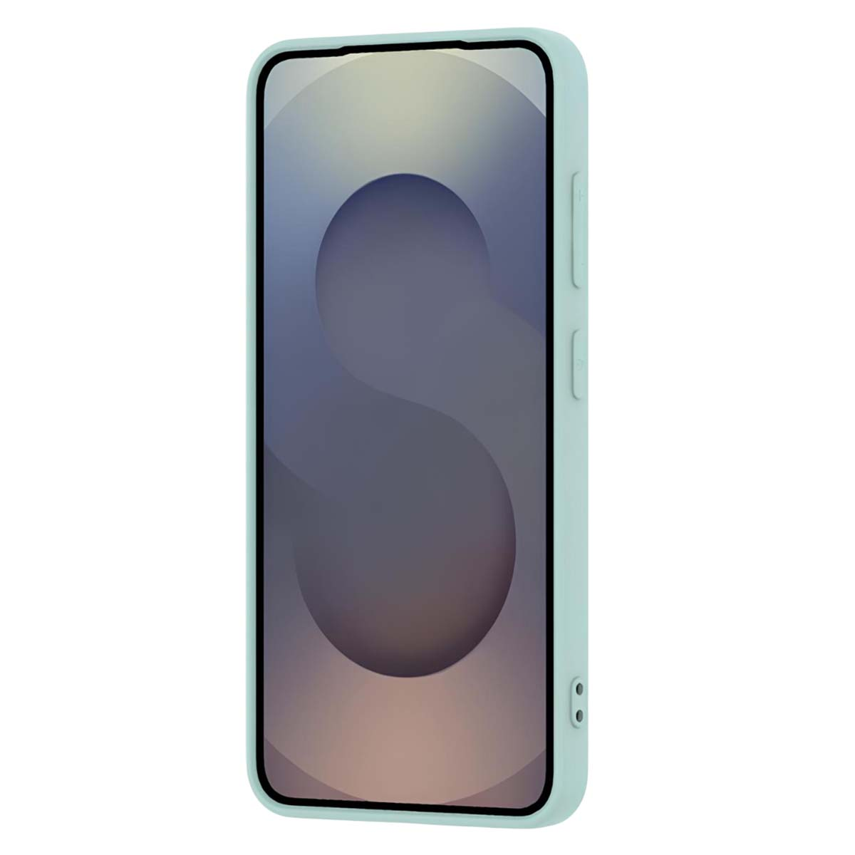 Ein Smartphone in einem hellblauen Gehäuse. Der Bildschirm zeigt einen Farbverlauf mit einer „S“-Form. Das Telefon hat Knöpfe an der Seite.