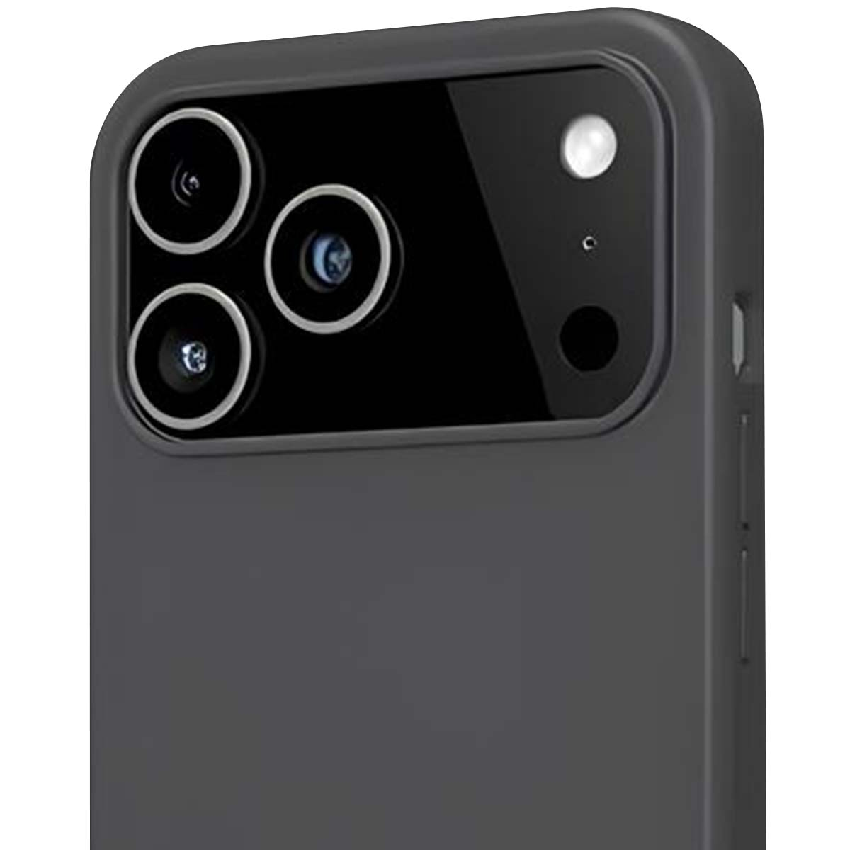 Primo piano di una custodia per telefono grigio scuro, che mostra il modulo fotocamera con tre lenti, flash e un sensore nero. La custodia è opaca.