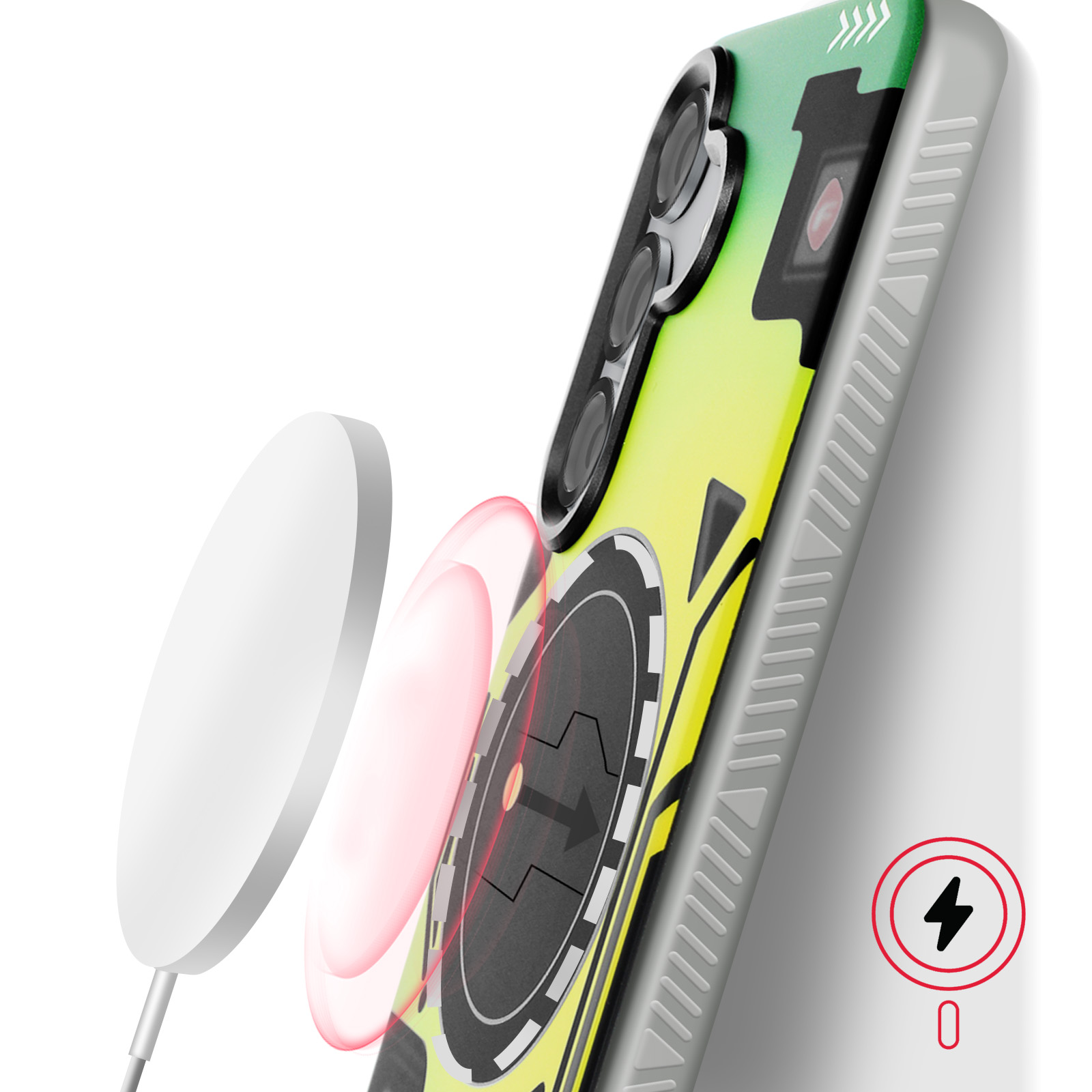 Telefono con custodia verde e gialla, in carica con caricatore magnetico bianco e indicatore di carica rosso.